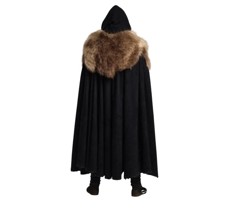 Back view of Viking Hooded Cape for Men – long black medieval cloak with fur trim, perfect for LARP and Norse warrior costumes. - Creed Leather