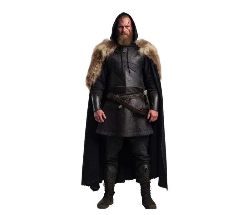 Shadowborn Jarl Viking Cloak for Men – Black Medieval Hooded Cape with Fur Mantle for Cosplay, LARP, and Renaissance Festivals. - Creed Leather
