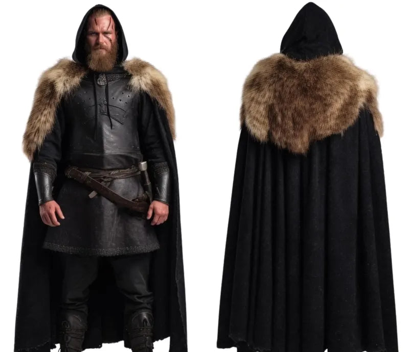 Front and back close-up view of Shadowborn Jarl Viking Cloak for Men – medieval hooded cape with fur mantle, perfect for cosplay, LARP, and festivals.