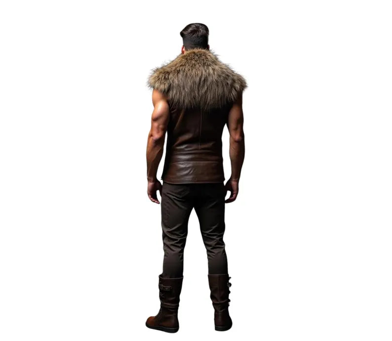 Back view of The Lone Alpha brown leather Viking vest â rustic medieval cowhide leather armor with fur shoulder trim, perfect for Viking cosplay and LARP outfits for men. - Creed Leather