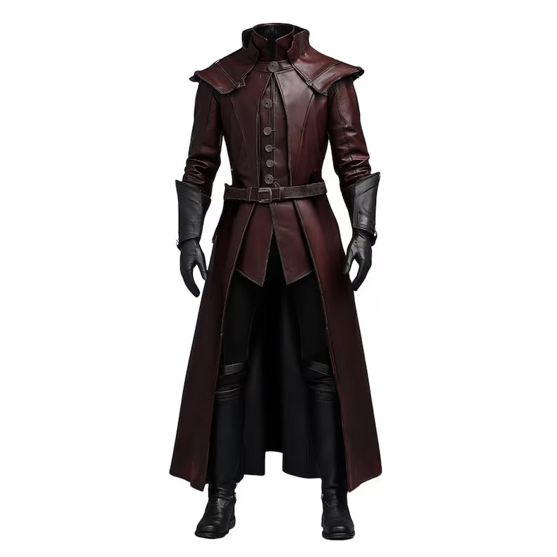 The Shadow Enforcer Men’s Renaissance Nobleman Outfit – premium maroon leather medieval coat for cosplay, LARP, and fantasy costume collectors.