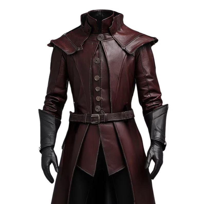 Close-up front view of The Shadow Enforcer Renaissance Coat – detailed maroon leather design, buttons, and high collar for medieval cosplay and LARP.