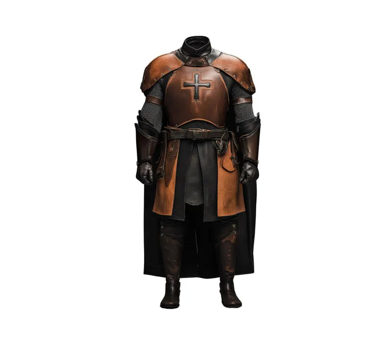 Guardian of the Cross handmade leather Vatican Guard armored cloak — premium handcrafted leather medieval cloak with hood, shoulder armor, and shining cross emblem — priest vintage cosplay costume for LARP and Renaissance fairs. - creed leather