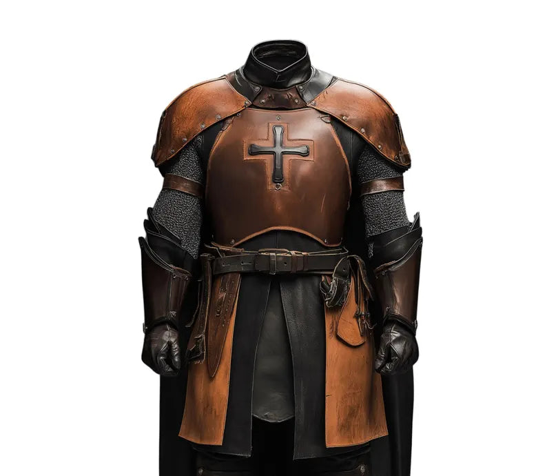Close-up of Guardian of the Cross leather armored cloak front — detailed shining cross emblem on handmade leather armor chest, premium craftsmanship, and Vatican Guard priest cosplay detailing. - creed Leather