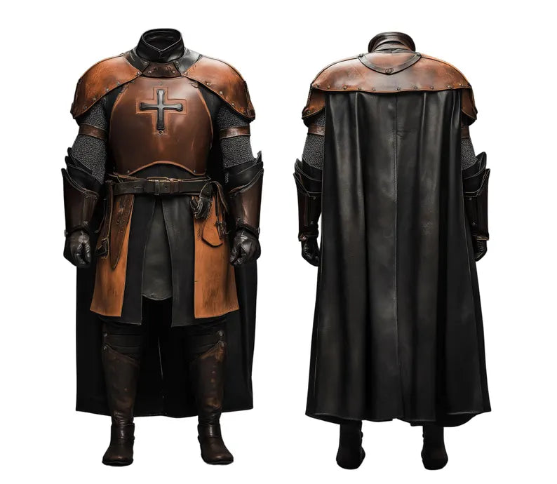 Front and back view of Guardian of the Cross handmade leather Vatican Guard armored cloak — full cosplay costume display with shining cross chest emblem, shoulder armor, hood, and adjustable laced back — premium leather medieval cloak for cosplay and LARP. - Creed Leather