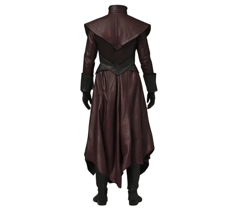 Back view of Phantom Lord handmade leather cosplay costume – maroon long coat with flowing back panels and black accents – Renaissance and steampunk nobleman full cosplay outfit for men. - Creed Leather