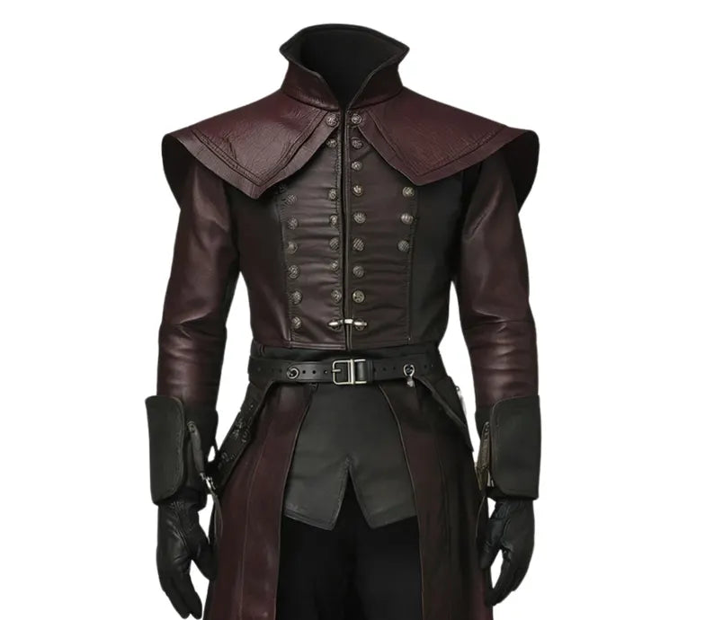 Close-up front view of Phantom Lord steampunk leather cosplay costume – detailed buttonwork, high collar, and structured shoulders on maroon leather nobleman coat – premium handmade Renaissance cosplay outfit. - Creed Leather