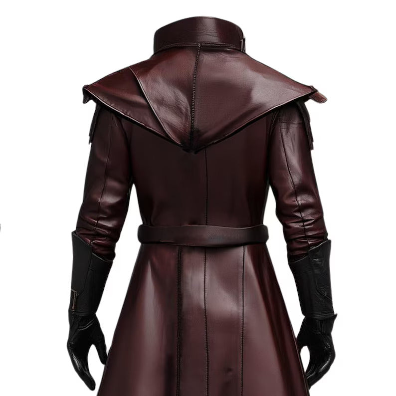 Close-up back detail of The Shadow Enforcer leather coat – intricate stitching and premium craftsmanship for medieval fantasy cosplay and nobleman costumes.