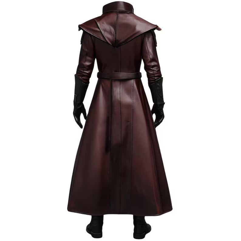 Back view of The Shadow Enforcer men’s maroon leather coat – full-length Renaissance trench coat with elegant tailored fit for cosplay and reenactments.