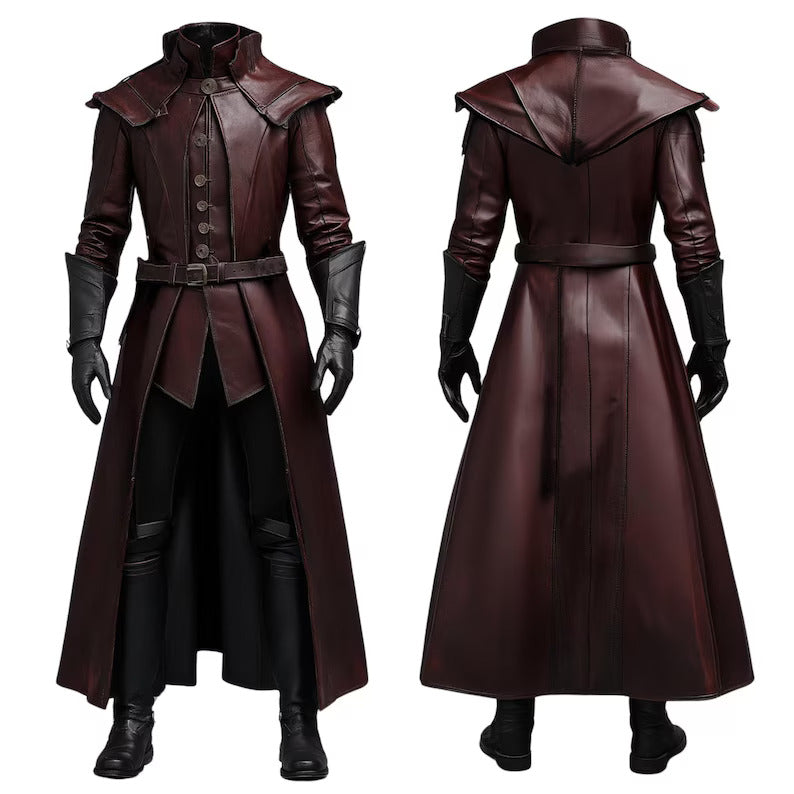 Front and back views of The Shadow Enforcer Men’s Renaissance Nobleman Coat – maroon leather long coat for cosplay, LARP, and steampunk fantasy outfits.