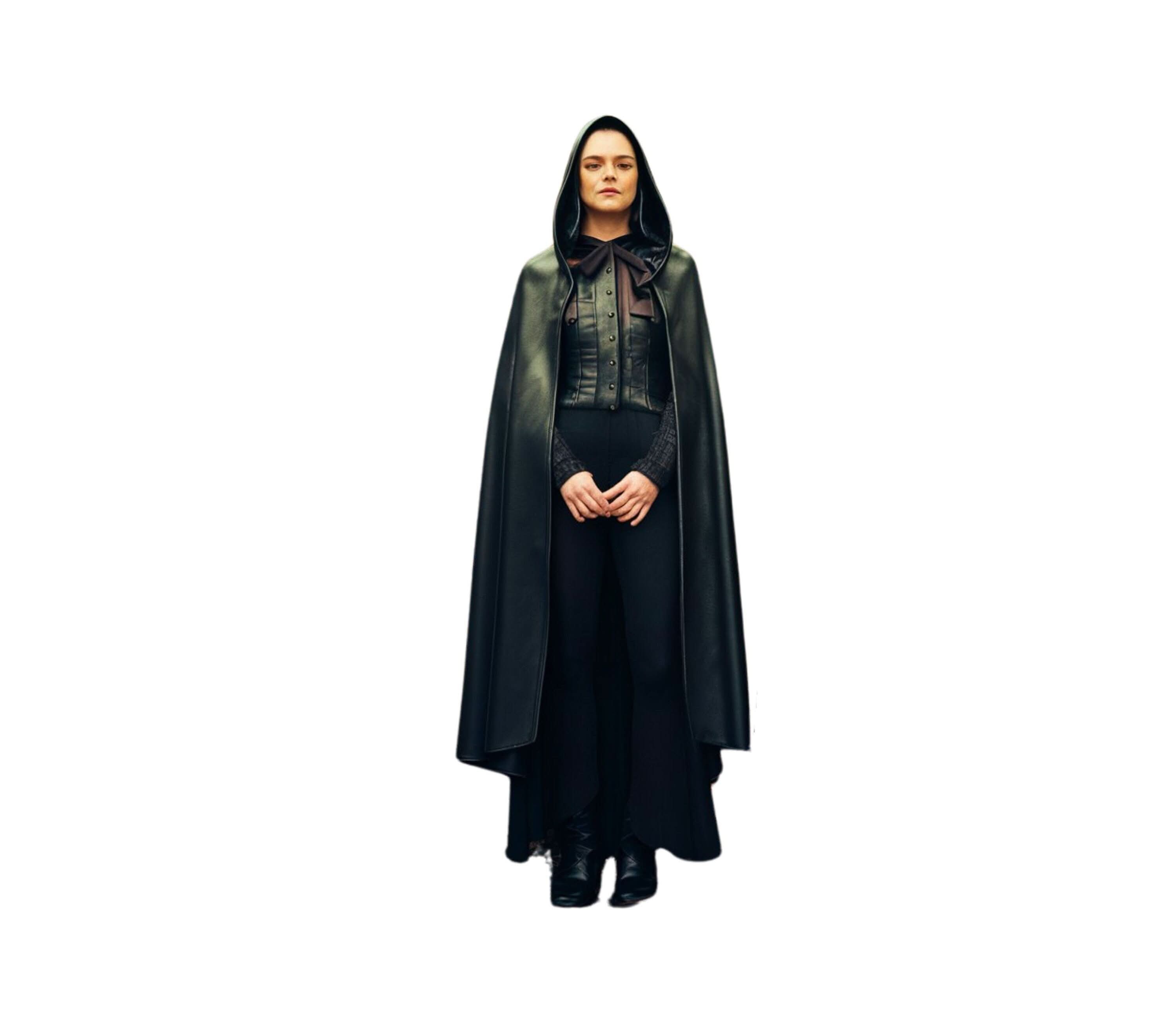Black hooded leather cloak costume featuring a floor-length leather cape with hood. Perfect unisex medieval hooded cloak for fantasy cosplay, LARP, Halloween, renaissance fair, or steampunk events. Victorian gothic style cloak for witch, assassin, or theatrical costume looks. - Creed Leather