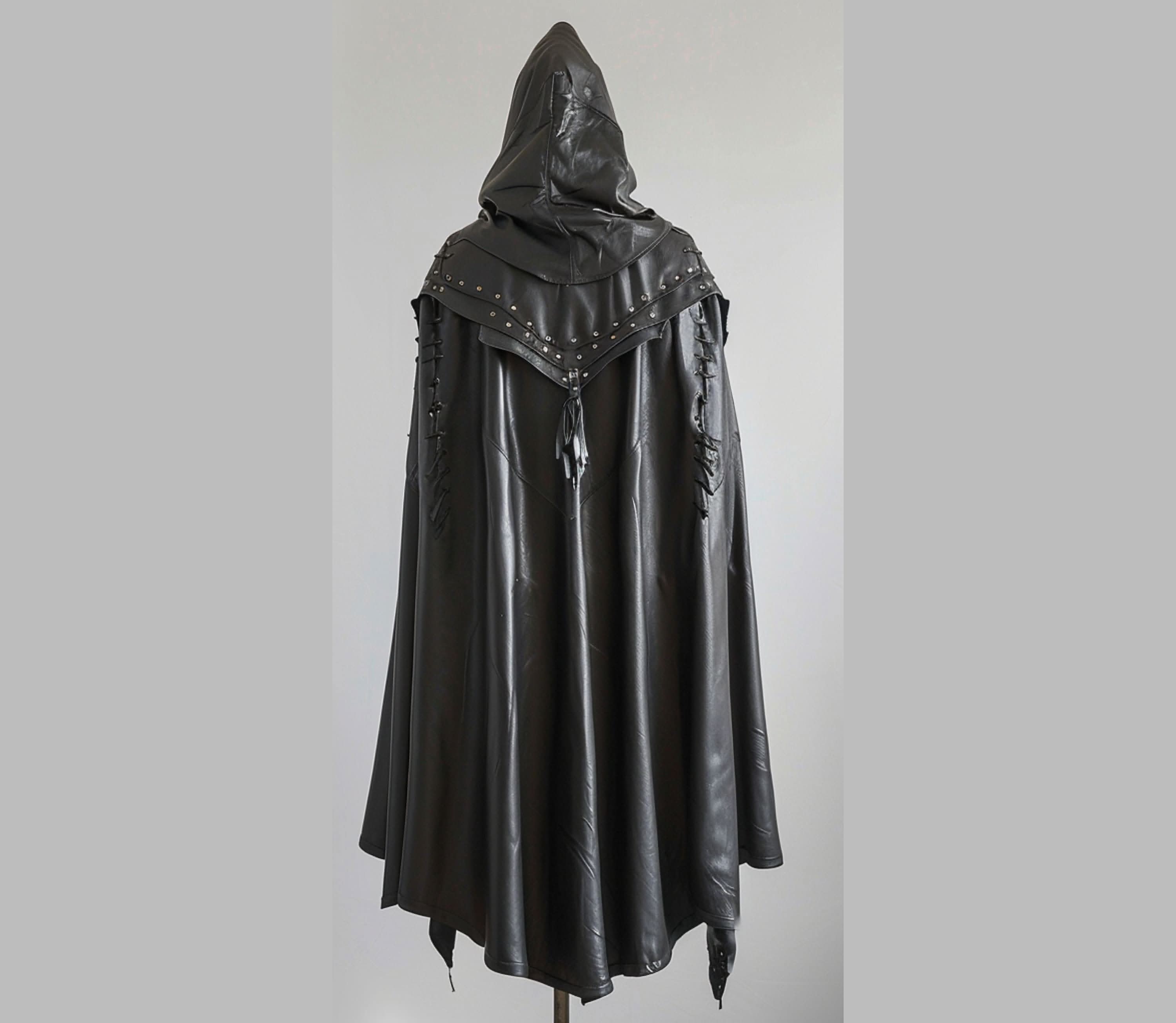 back view of the Dark Warden Cloak, a premium leather costume with steampunk cloak design. Features leather armor, knight armor, and a medieval cape with hood. Ideal for Gothic armor cosplay, LARP leather armor, and Dark fantasy warrior costume. Perfect for Renaissance fair knight cloak and Gothic knight costume.