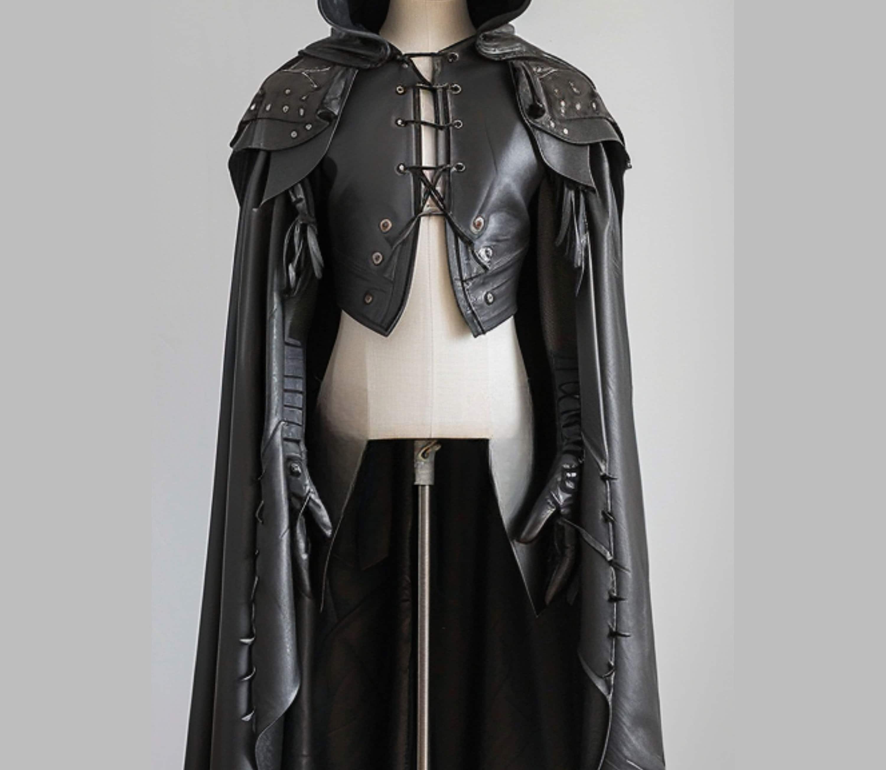 close-up view of the Dark Warden Cloak, a premium leather costume with steampunk cloak design. Features leather armor, knight armor, and a medieval cape with hood. Ideal for Gothic armor cosplay, LARP leather armor, and Dark fantasy warrior costume. Perfect for Renaissance fair knight cloak and Gothic knight costume.