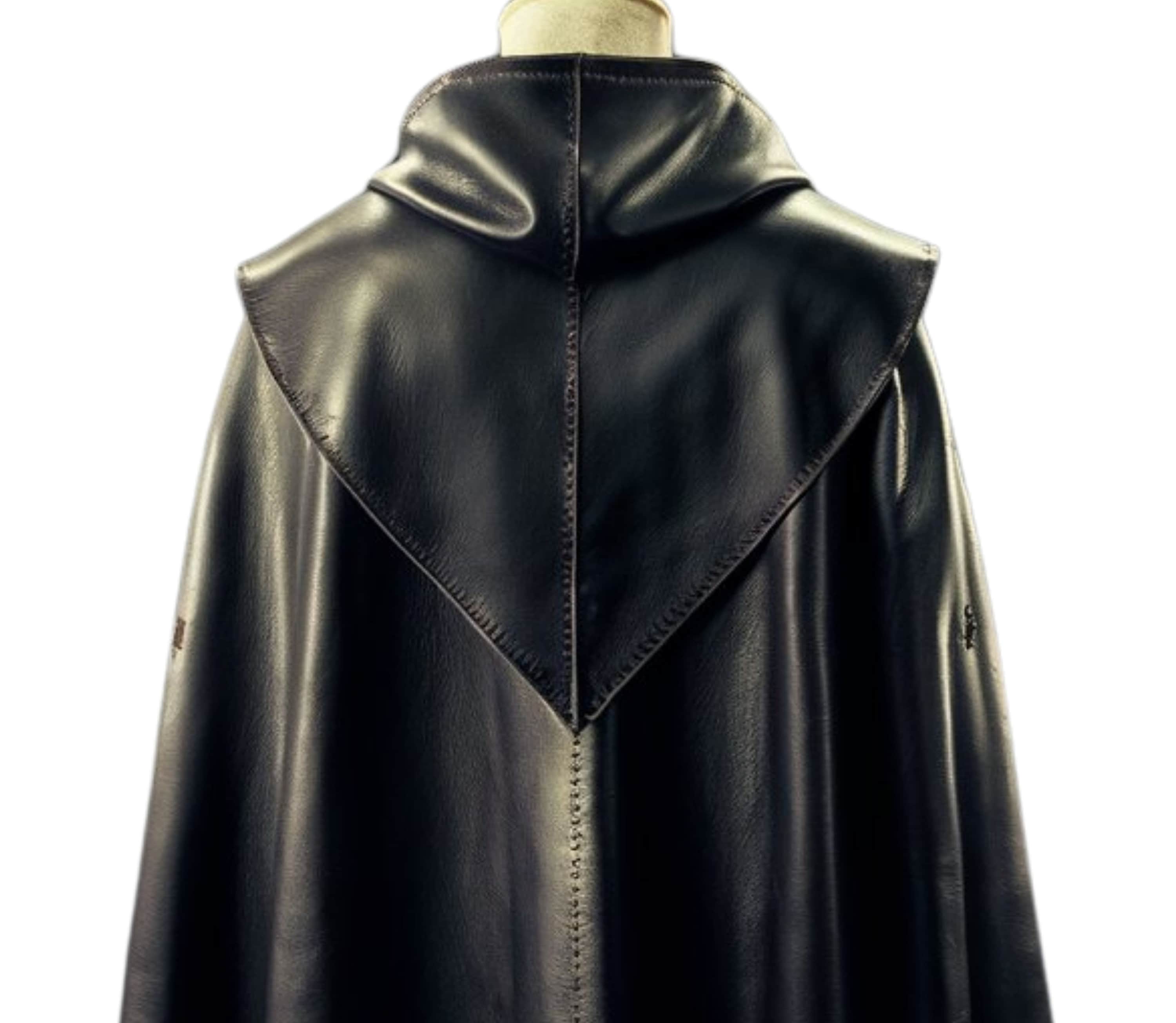 close-up back view of Wanderer of the Wilds hooded medieval cloak, black leather ranger costume, hooded leather cape, cosplay renaissance outfit, LARP and fantasy leather coat
