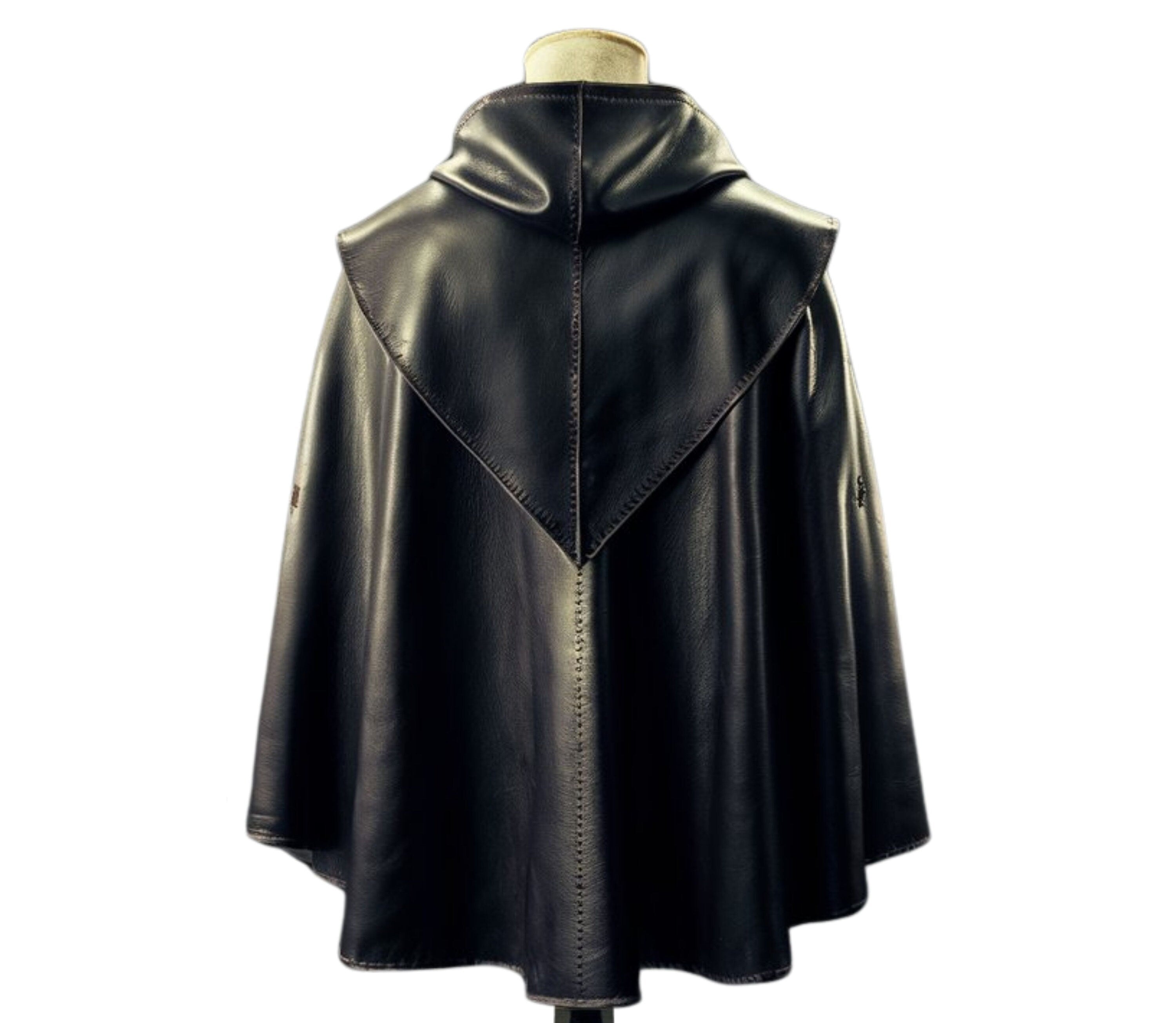 back side of Wanderer of the Wilds hooded medieval cloak, black leather ranger costume, hooded leather cape, cosplay renaissance outfit, LARP and fantasy leather coat