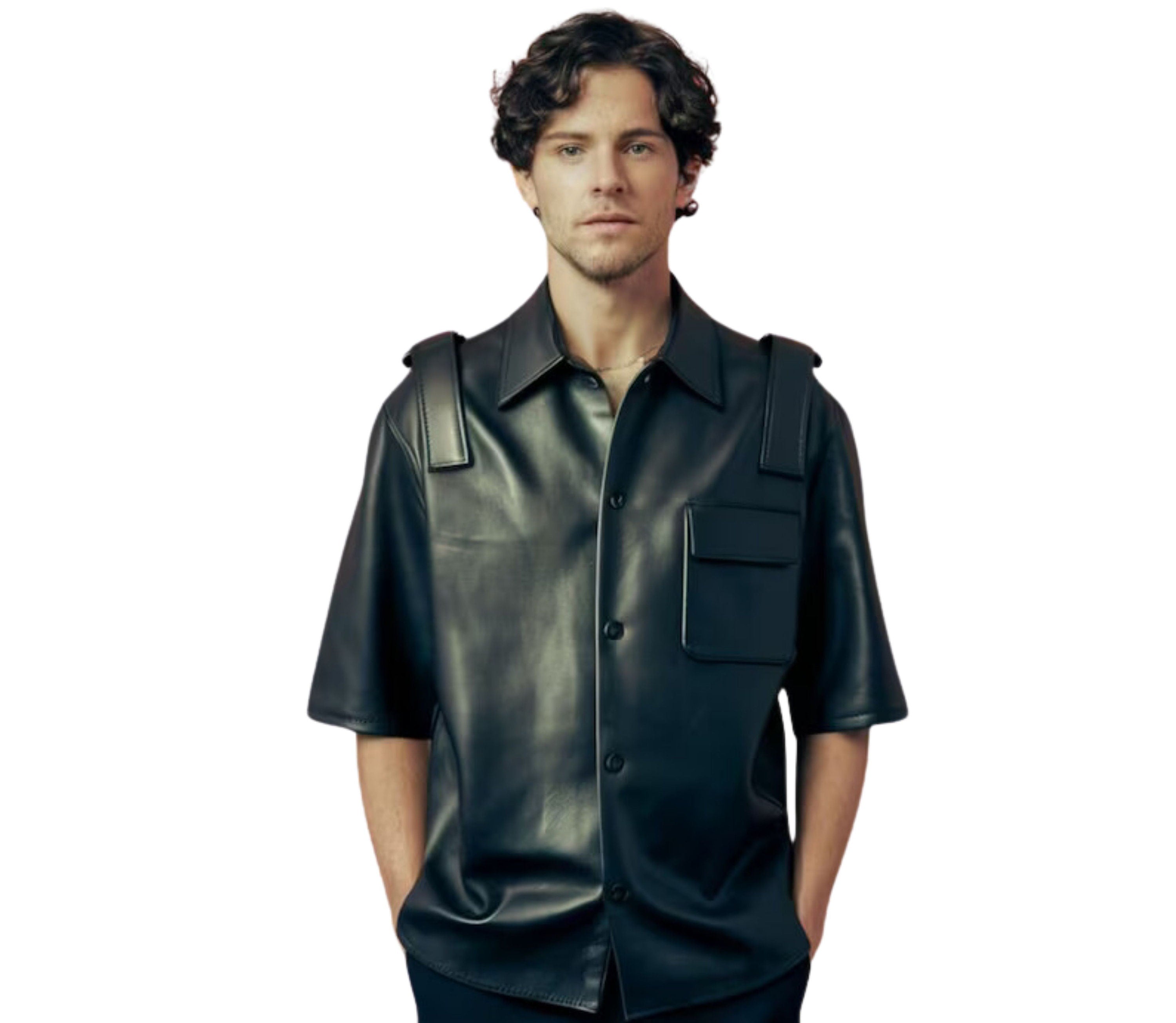 mens leather shirt - black leather shirt - leather button up shirt - leather shirts for men - leather t shirt - black leather top - gay pride t shirts - gay tee shirts - short sleeve leather shirt - Creed Leather