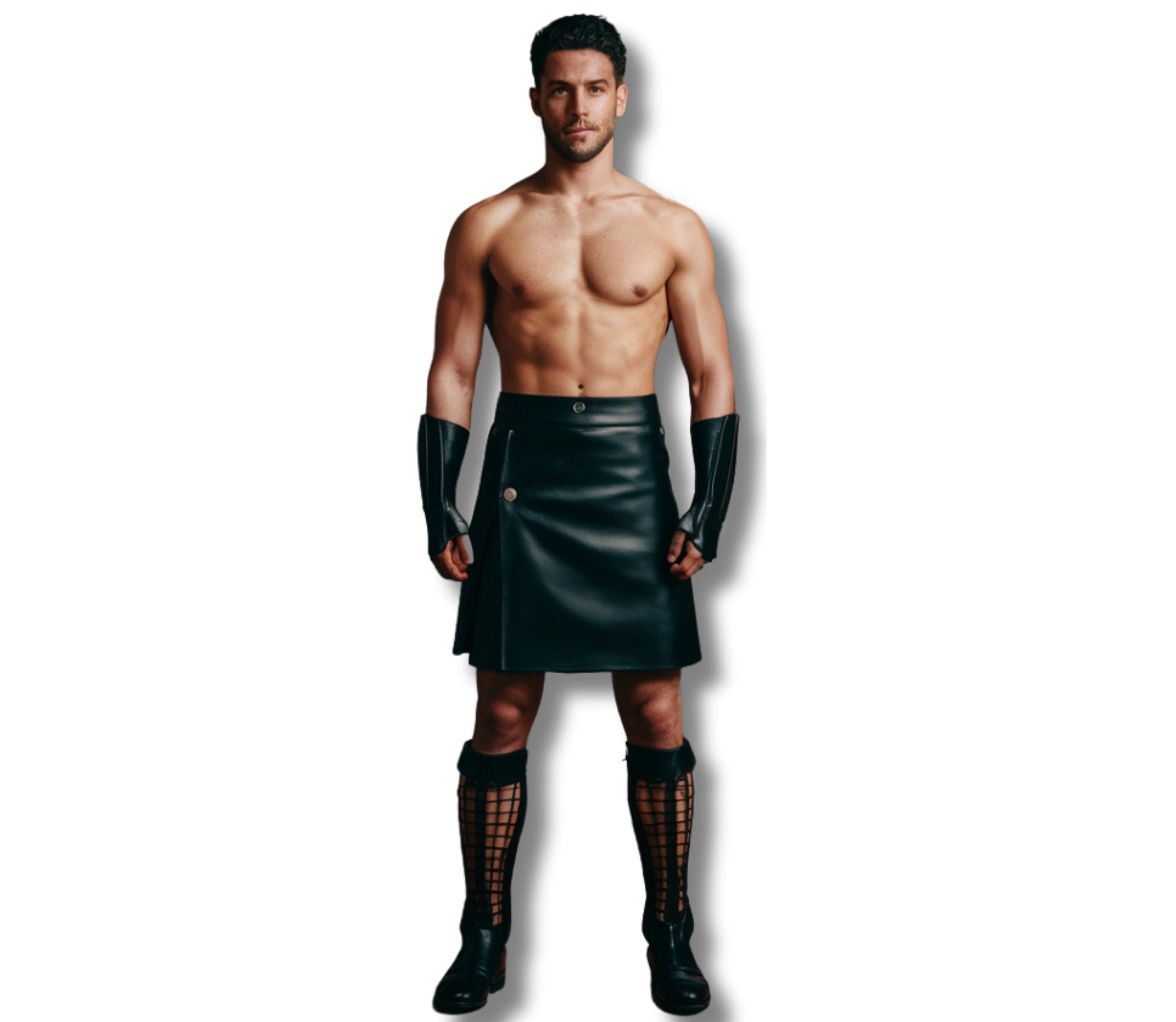 A powerful male gladiator outfit inspired by ancient warriors, featuring a handcrafted black leather kilt with front-slit design. This mens gladiator costume doubles as a Roman gladiator costume, Spartan gladiator costume, or medieval costume, perfect for cosplay outfit, Halloween, or reenactment. A bold leather warrior costume symbolizing strength, resilience, and timeless style. - Creed Leather