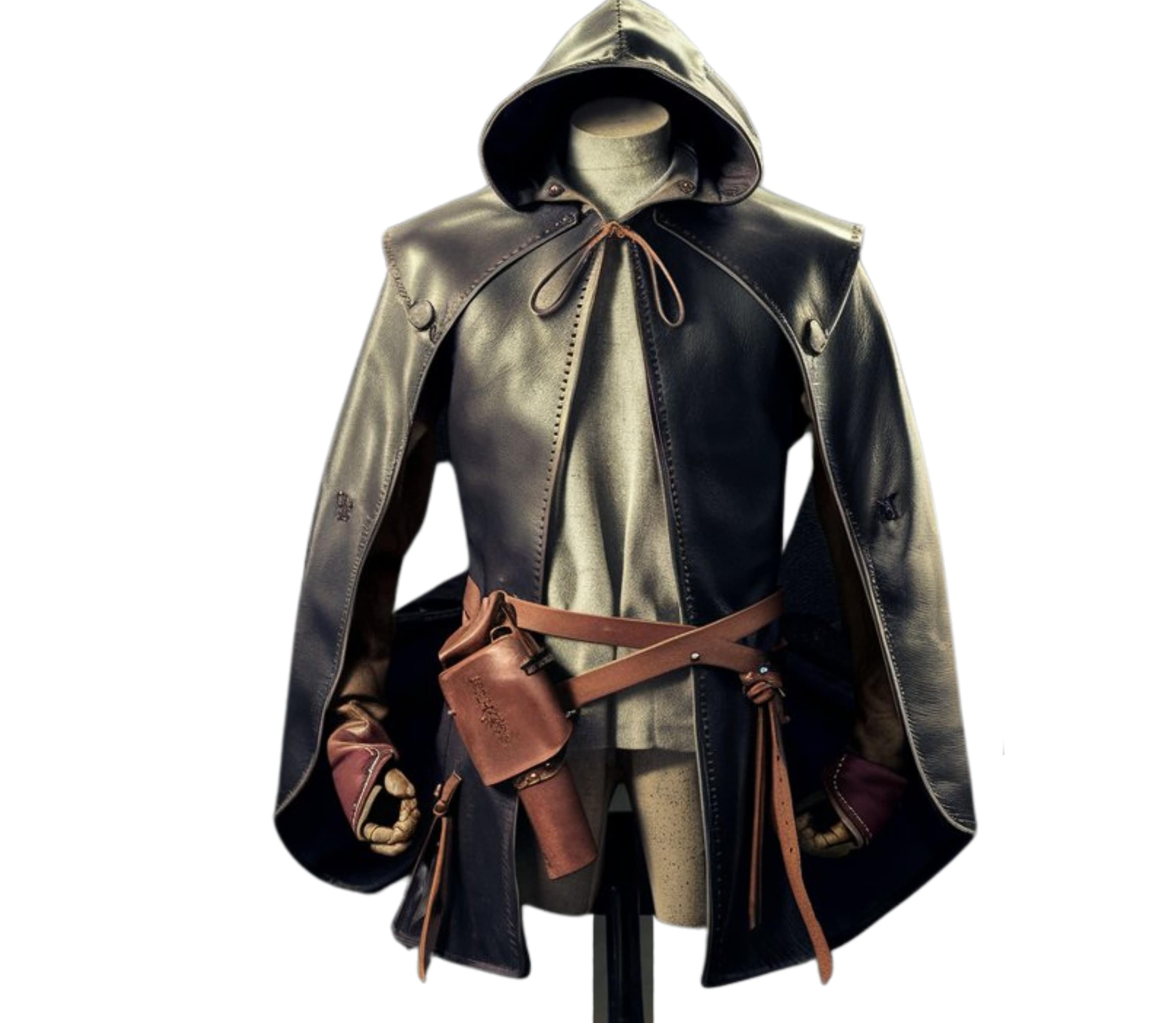 close-up view of Wanderer of the Wilds hooded medieval cloak, black leather ranger costume, hooded leather cape, cosplay renaissance outfit, LARP and fantasy leather coat.