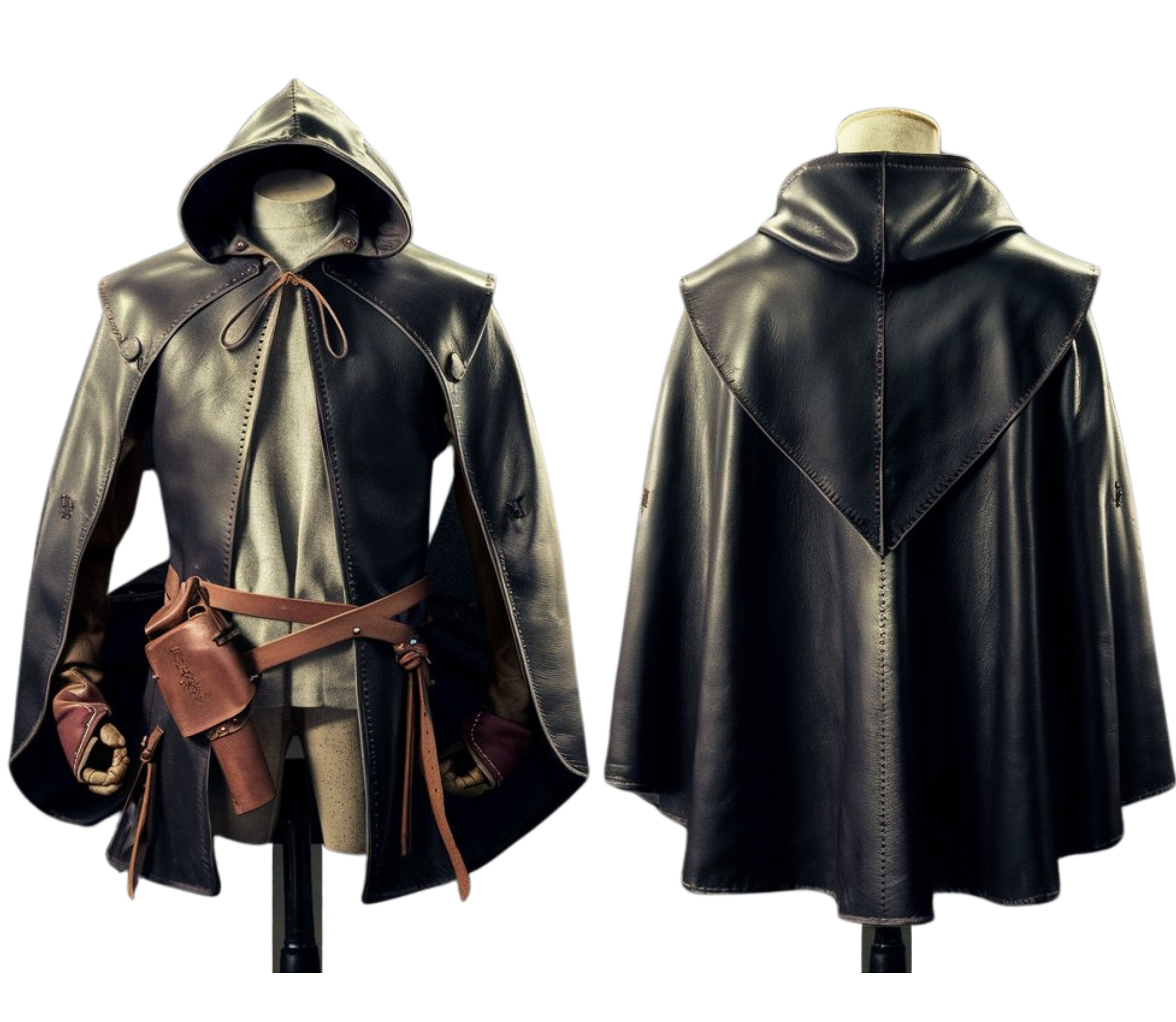 front and back view of Wanderer of the Wilds hooded medieval cloak, black leather ranger costume, hooded leather cape, cosplay renaissance outfit, LARP and fantasy leather coat. - Creed Leather