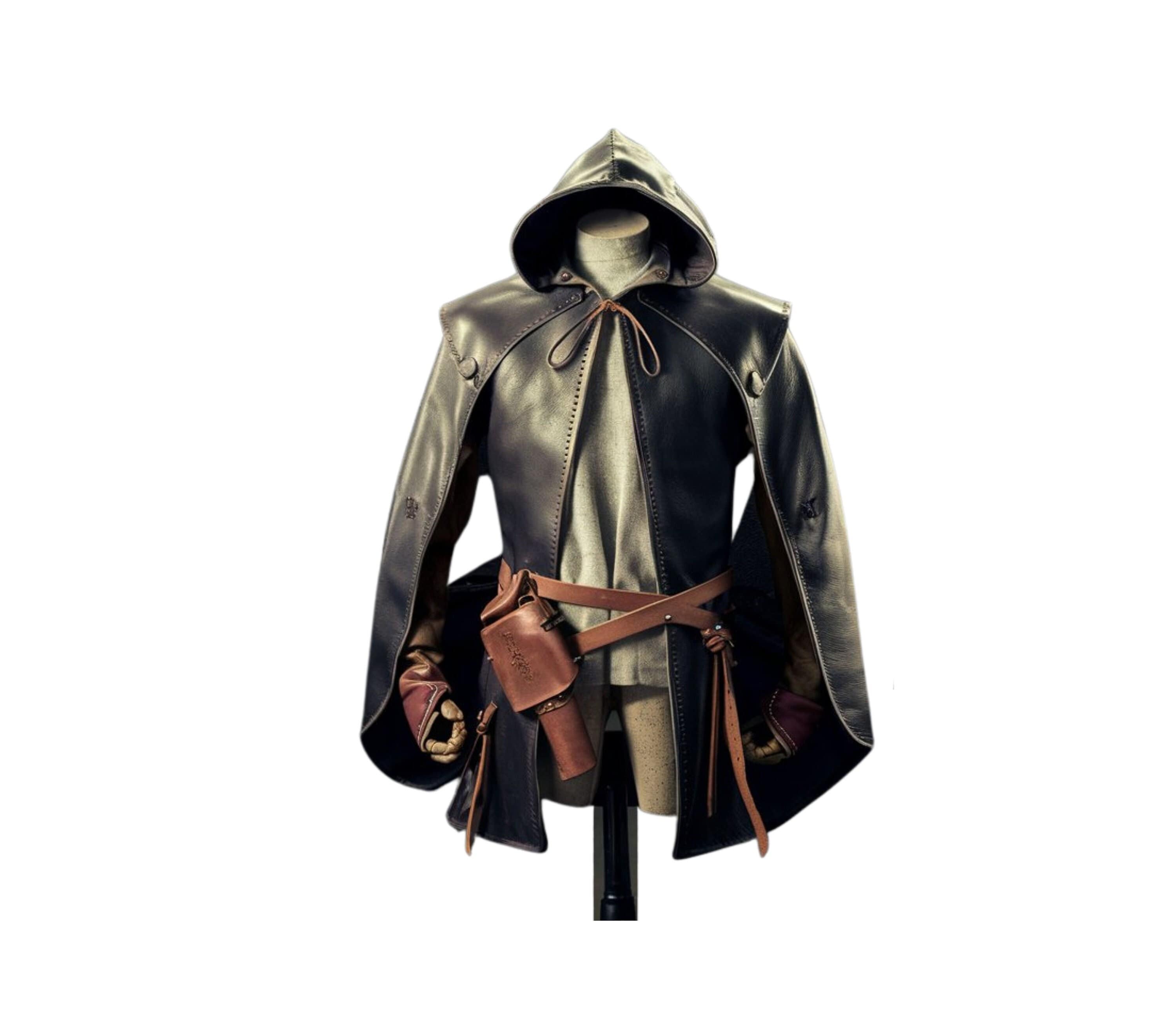Wanderer of the Wilds hooded medieval cloak, black leather ranger costume, hooded leather cape, cosplay renaissance outfit, LARP and fantasy leather coat - Creed Leather