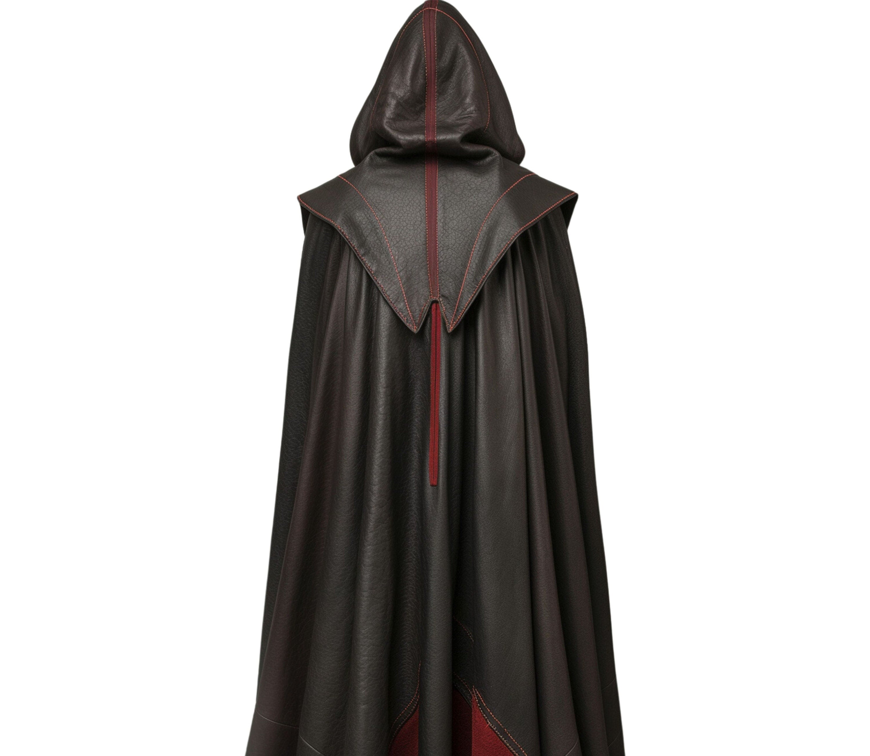 Back view of long black medieval hooded cloak costume, leather robe outfit with deep hood, fantasy cosplay cloak with hood for Renaissance fair or Halloween. - Creed Leather