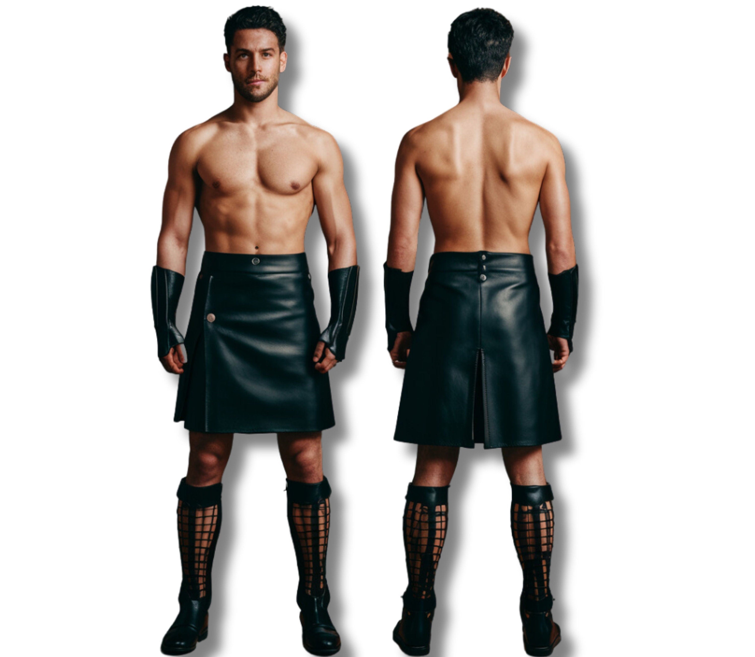 Front and back views of a mens gladiator costume featuring a handcrafted black leather kilt outfit. The front highlights a bold slit design for movement, while the back shows secure closures for a customized fit. This leather gladiator costume works as a Roman gladiator costume, Spartan gladiator costume, or medieval costume, ideal as a cosplay outfit or gladiator Halloween costume. - Creed Leather