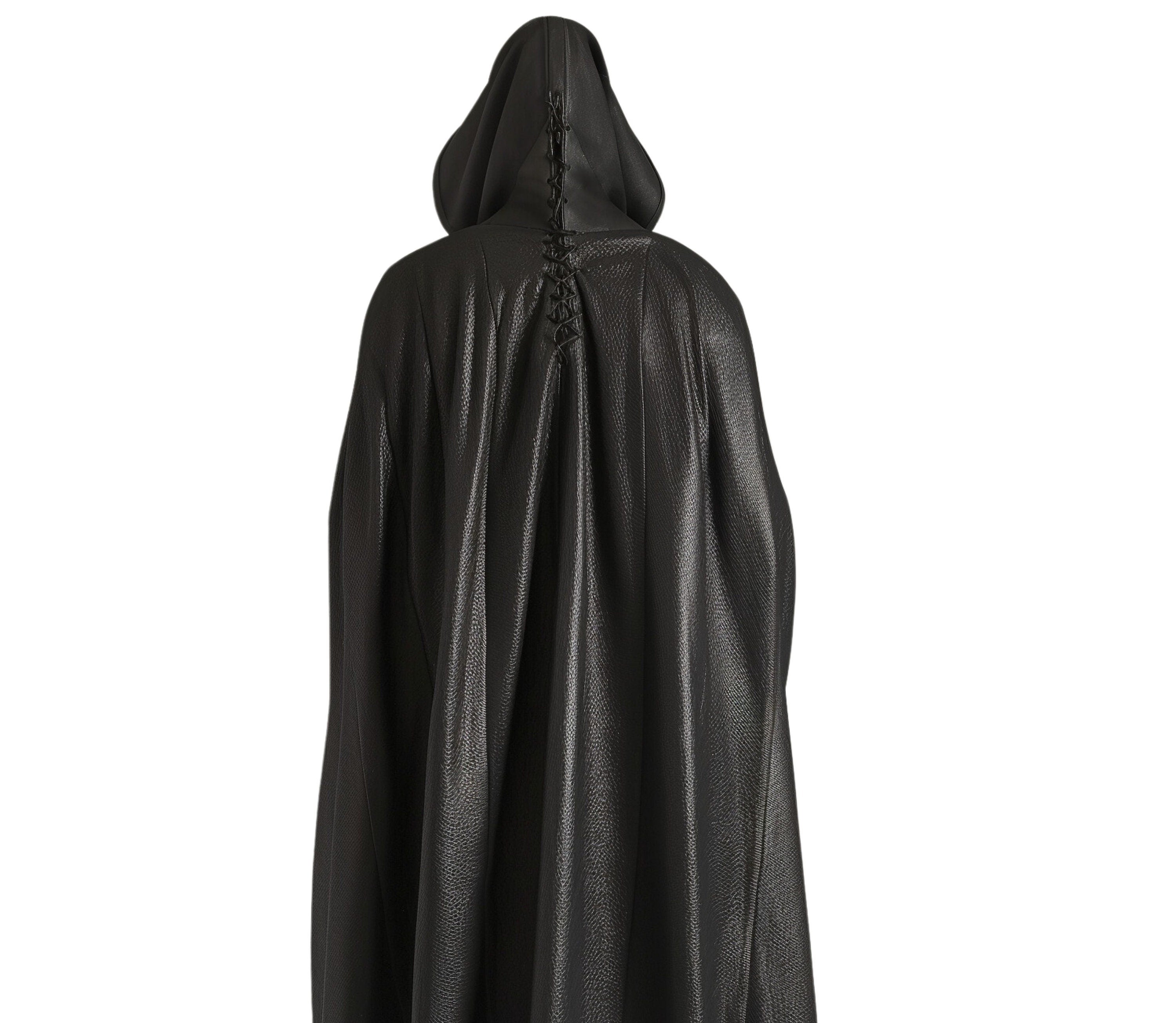 close-up back view of Black hooded cloak costume with hooded cloak, gothic cape cosplay, leather corset armor, medieval fantasy cloak, vampire cosplay outfit, knight armor, epic Halloween dark fantasy costume.