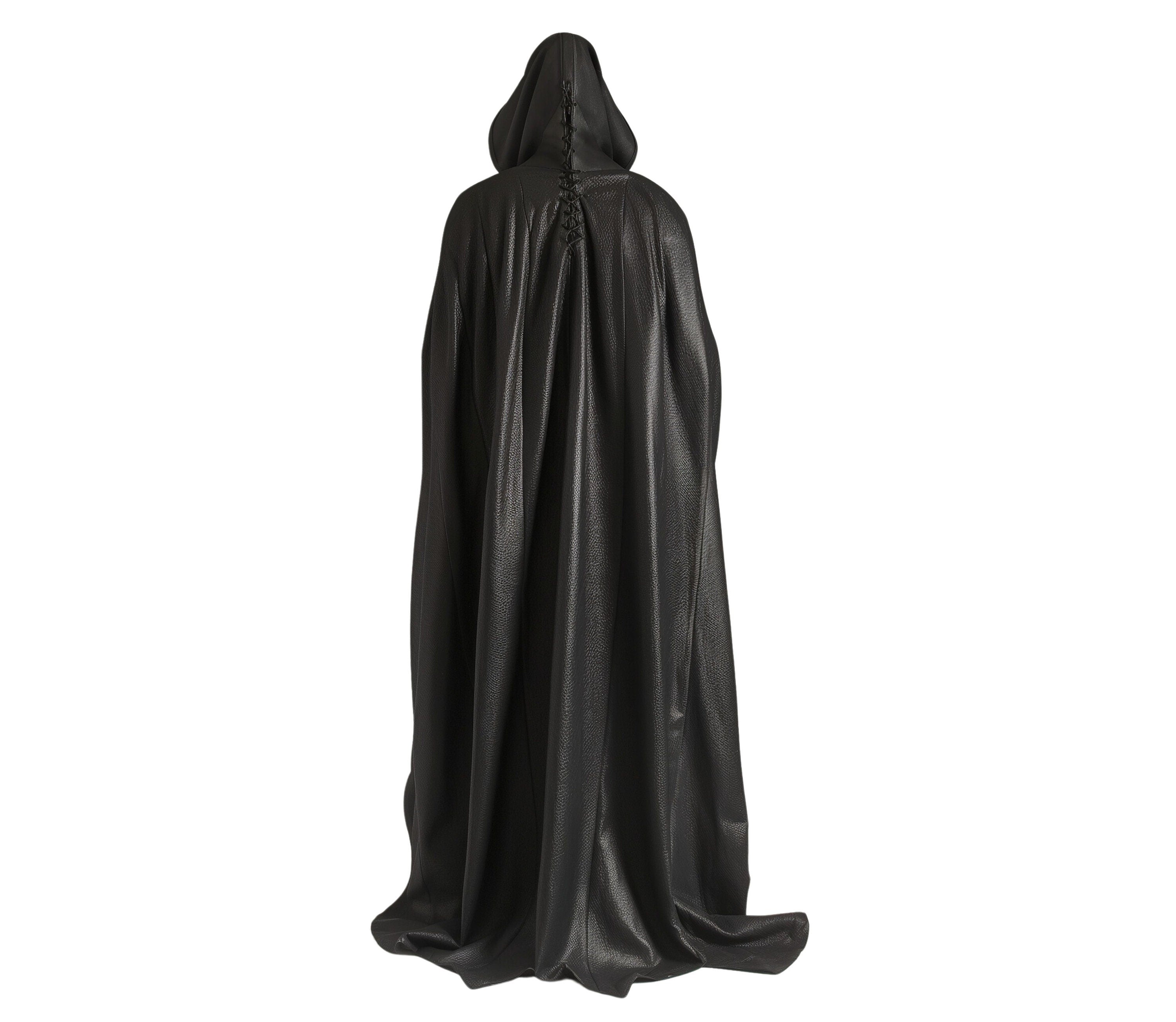 back view of Black hooded cloak costume with hooded cloak, gothic cape cosplay, leather corset armor, medieval fantasy cloak, vampire cosplay outfit, knight armor, epic Halloween dark fantasy costume. - Creed Leather