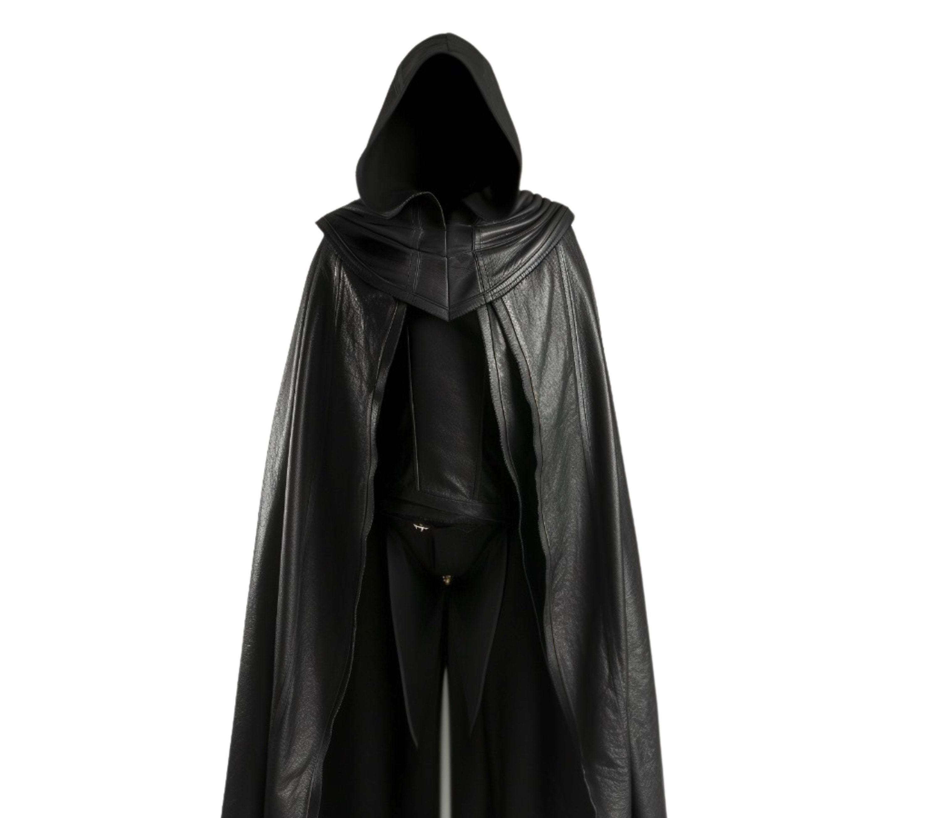 Close-up of back side of The Veiled Hunter black leather hooded cloak for cosplay with sword – medieval archer cloak for men, handmade for LARP, fantasy, and stealth cosplay looks. - Creedleather