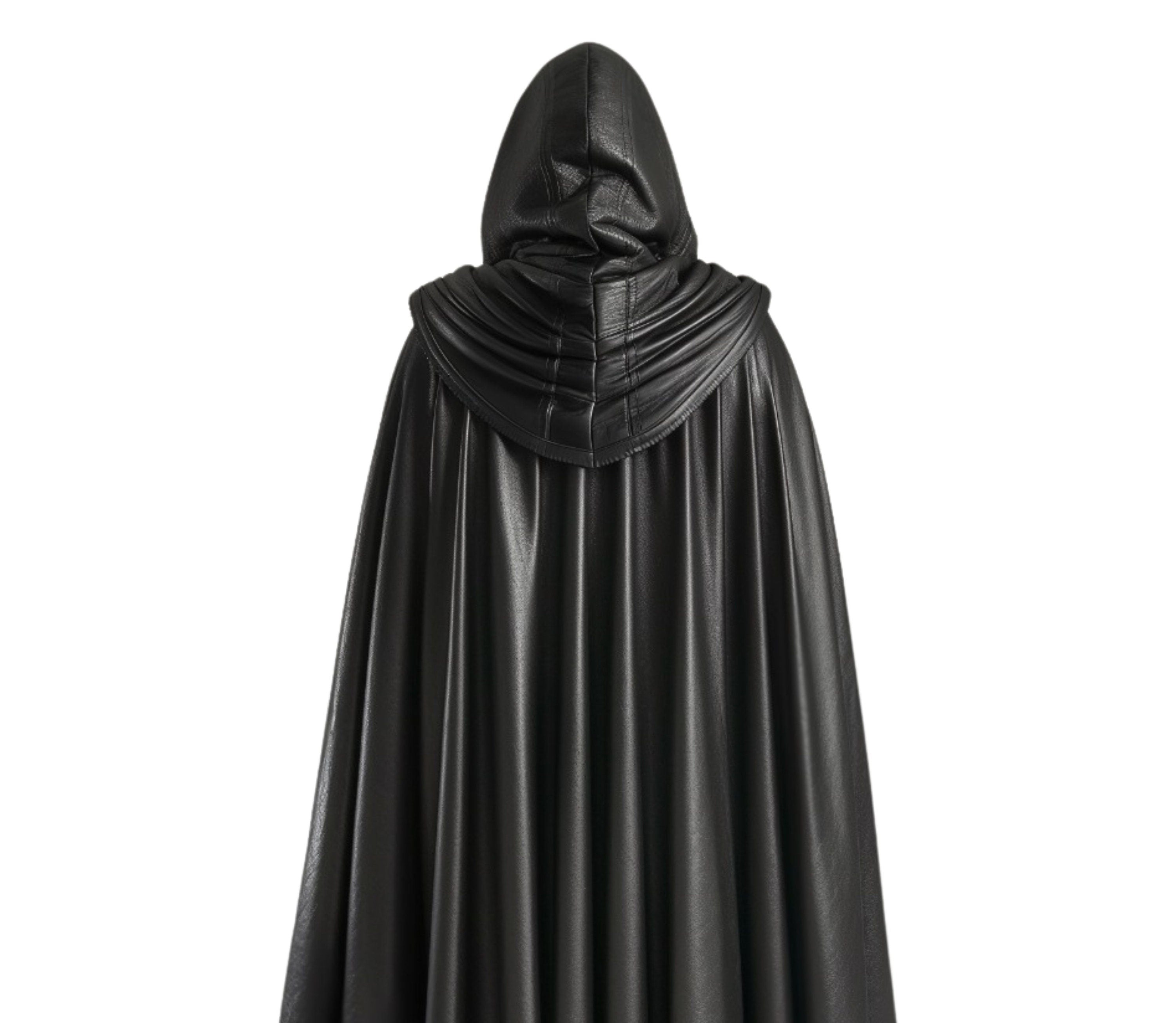 Close-up of back side of Veiled Hunter Cloak, Black Leather Cloak, Medieval Archery Cloak, Hooded Cosplay Cloak, Handmade Cosplay Cape, LARP Hunter Cloak, Custom Leather Cloak, Cosplay Cloak With Sword, Black Cloak With Hood, - Creed Leather
