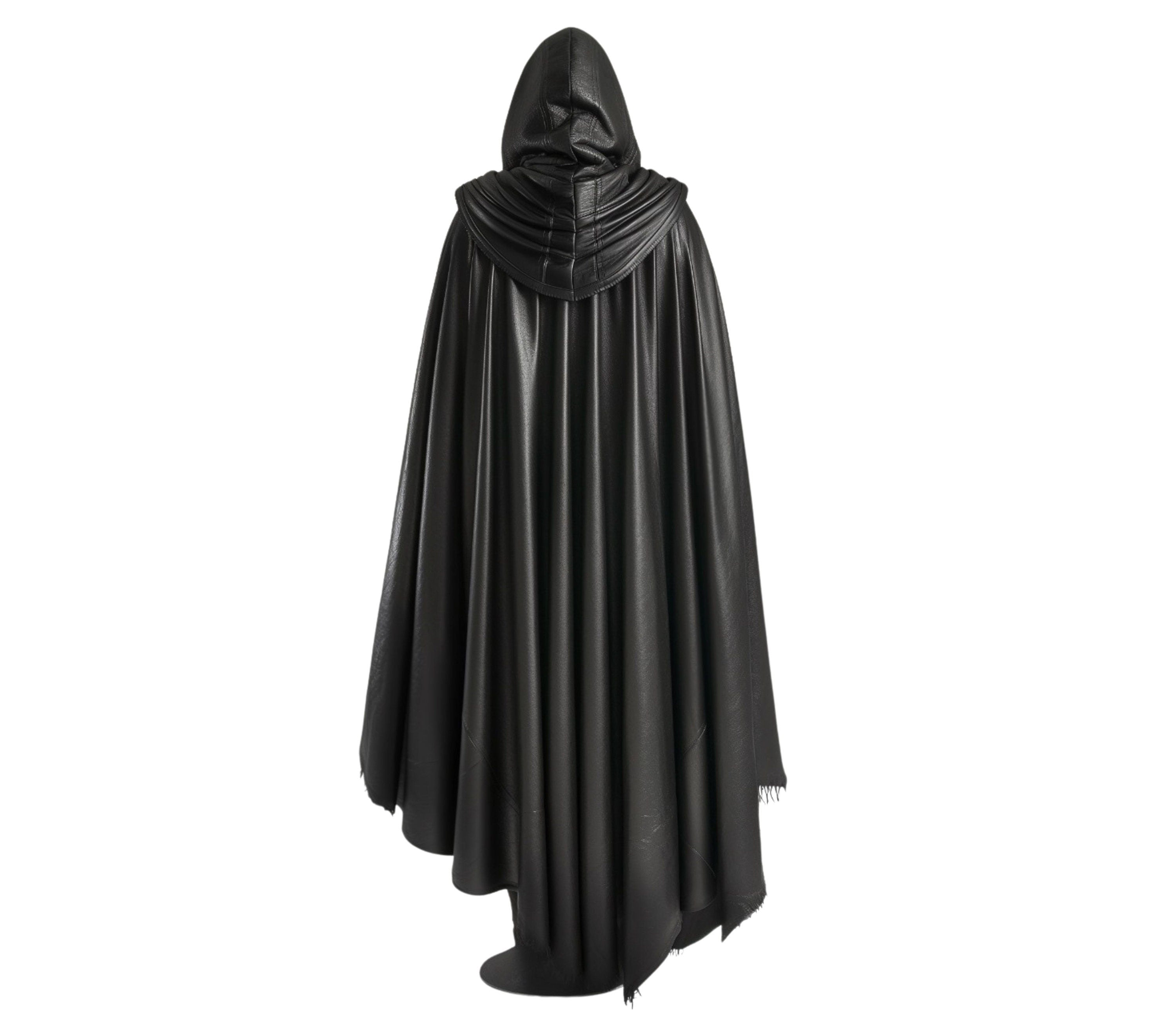 backside Black leather hooded cloak for men styled as a medieval fantasy cloak; perfect for cosplay, vampire hunter costume, renaissance faire, or mage outfit. - creed leather