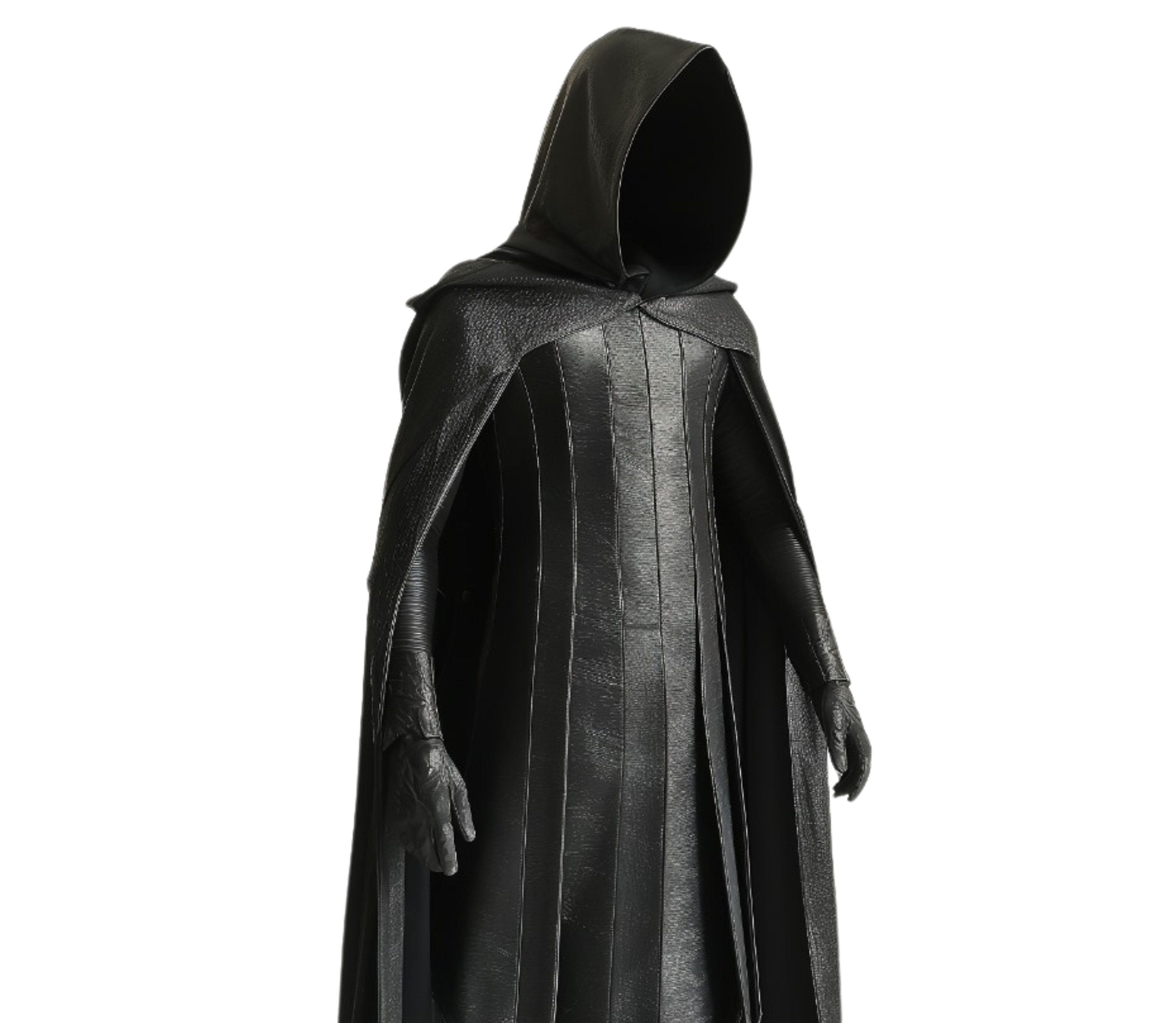 Close-up of black leather hooded cloak showing detailed stitching and texture, highlighting craftsmanship and premium materials for medieval cosplay costume. - Creed Leather