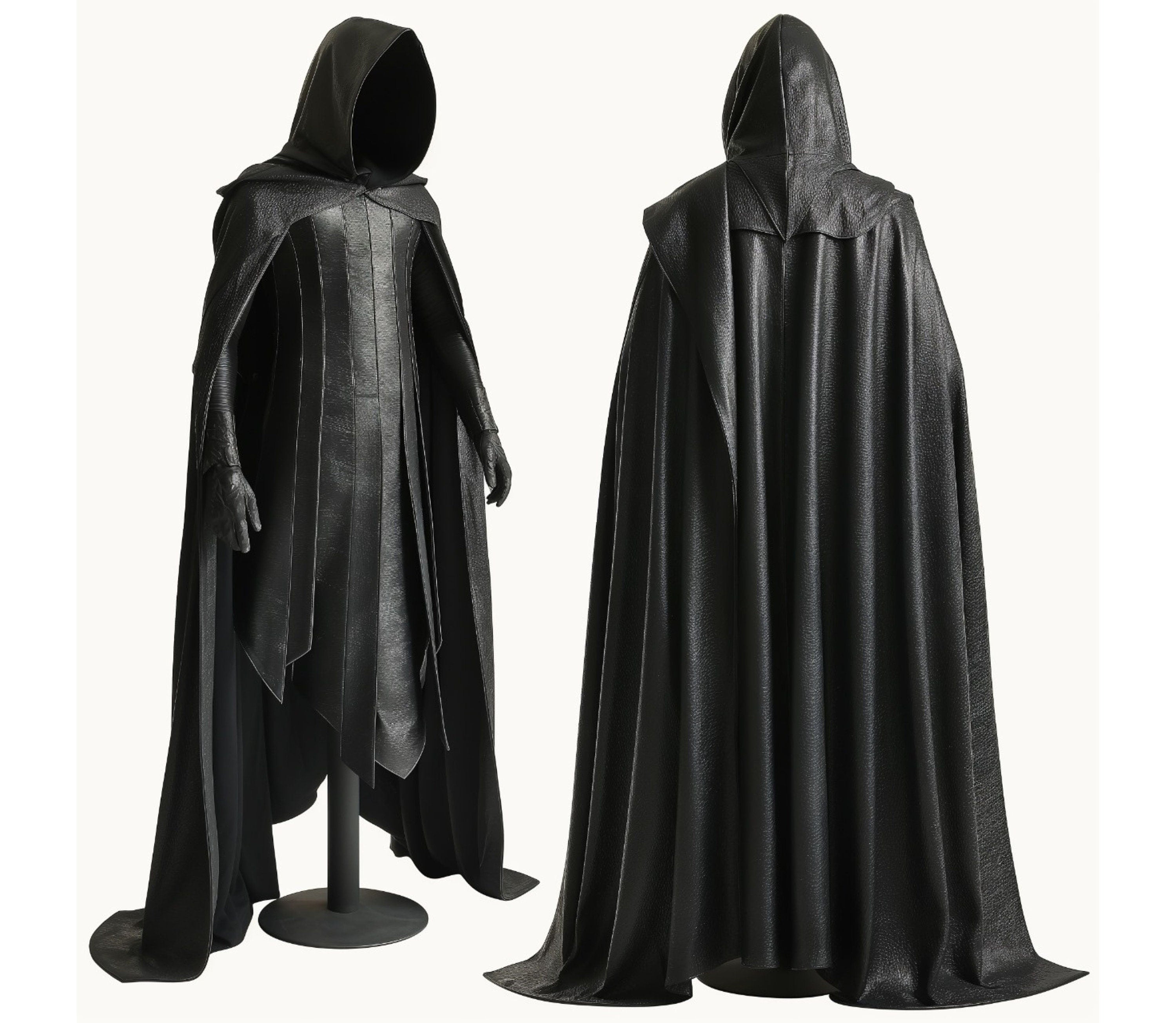Front and back view of a person wearing a black leather hooded cloak and vest cosplay set, styled as a medieval archer or assassin, ideal for fantasy or Halloween.