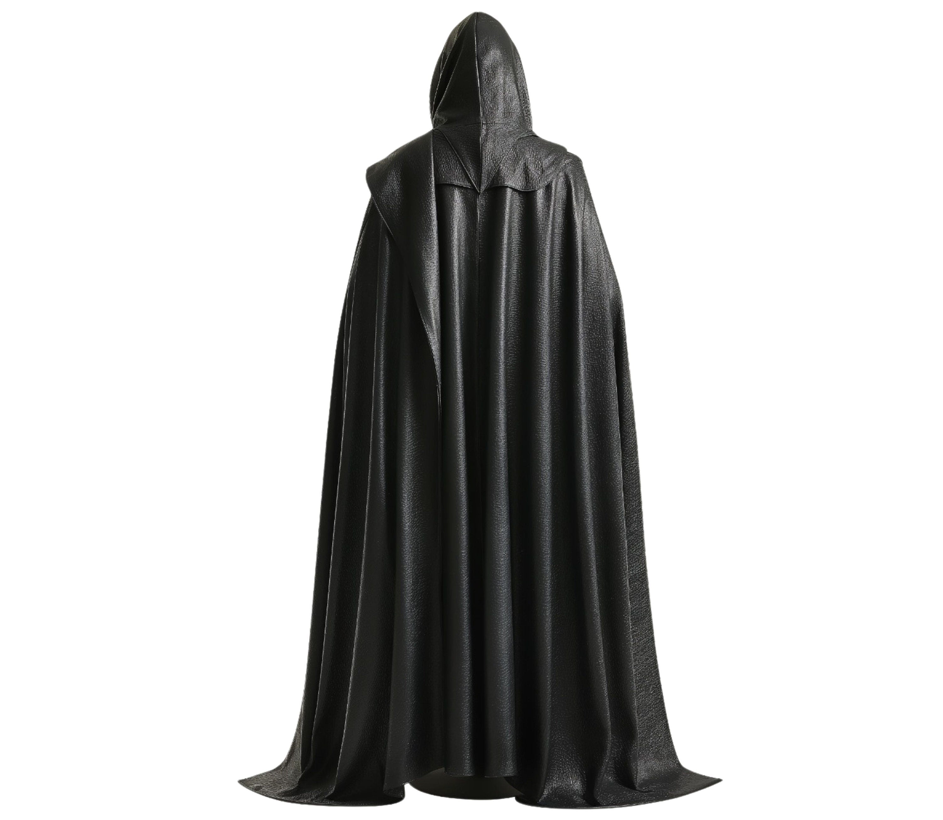 back view of Person wearing a black leather hooded cloak and vest cosplay set, styled as a medieval archer or assassin costume, perfect for fantasy or Halloween cosplay.