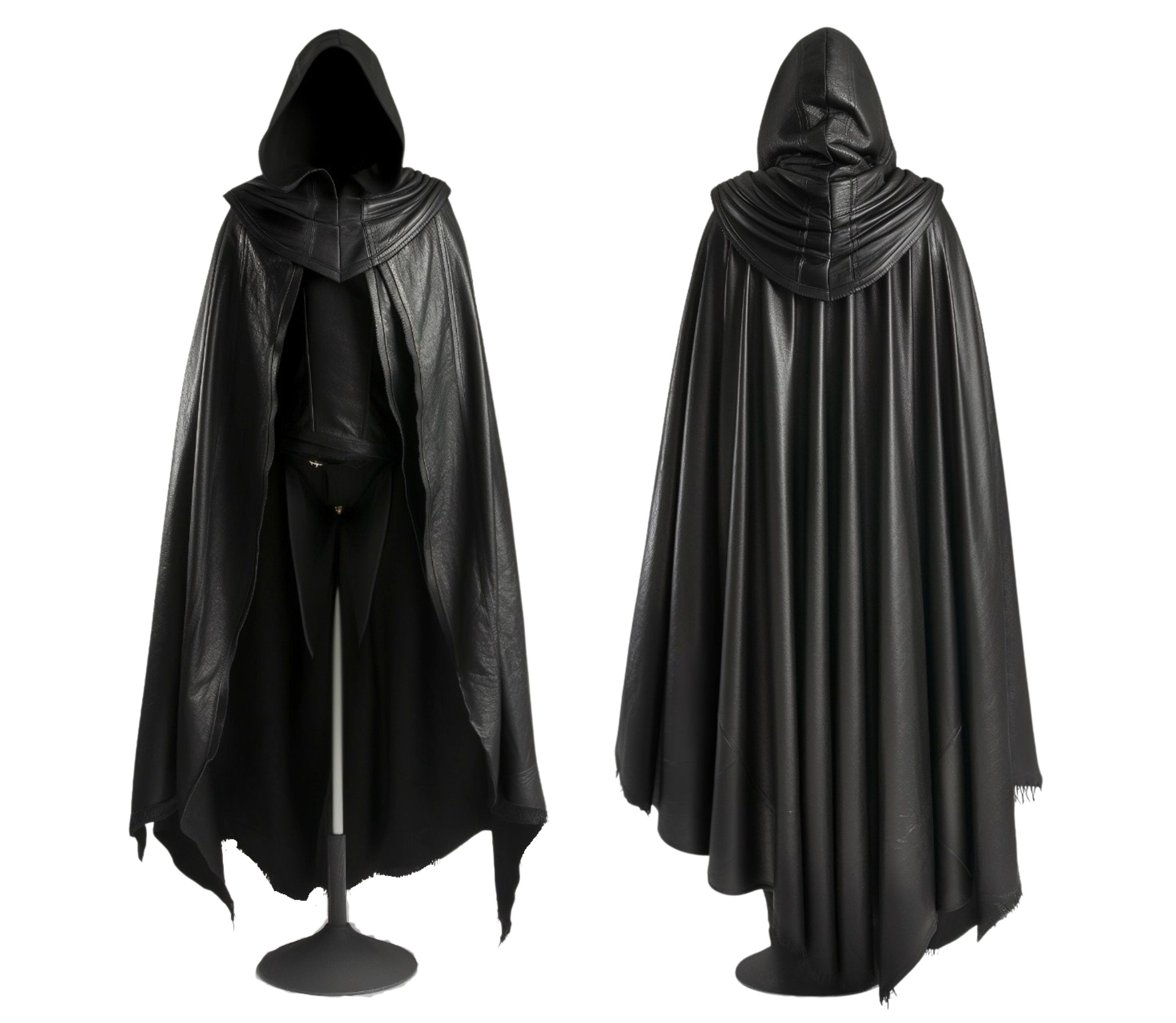 Black The Veiled Hunter leather hooded cloak costume displayed on a mannequin, front and back view shown, with long flowing design, pointed hem, and a dramatic fantasy-style hood – ideal for cosplay, Halloween, LARP, or gothic fashion. - Creed Leather
