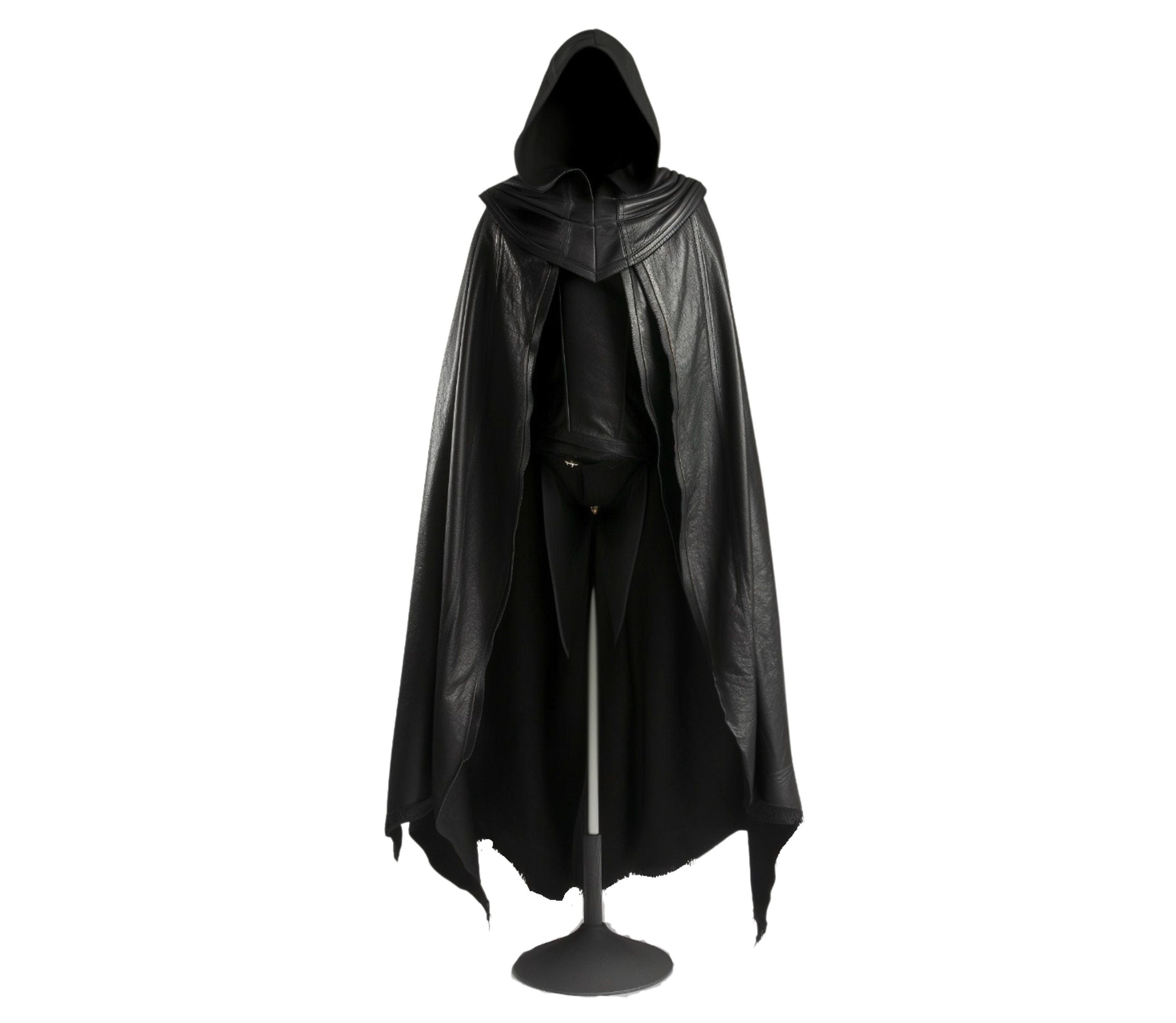 Black The Veiled Hunter leather hooded cloak costume displayed on a mannequin, front view shown, with long flowing design, pointed hem, and a dramatic fantasy-style hood – ideal for cosplay, Halloween, LARP, or gothic fashion. - Creed Leather