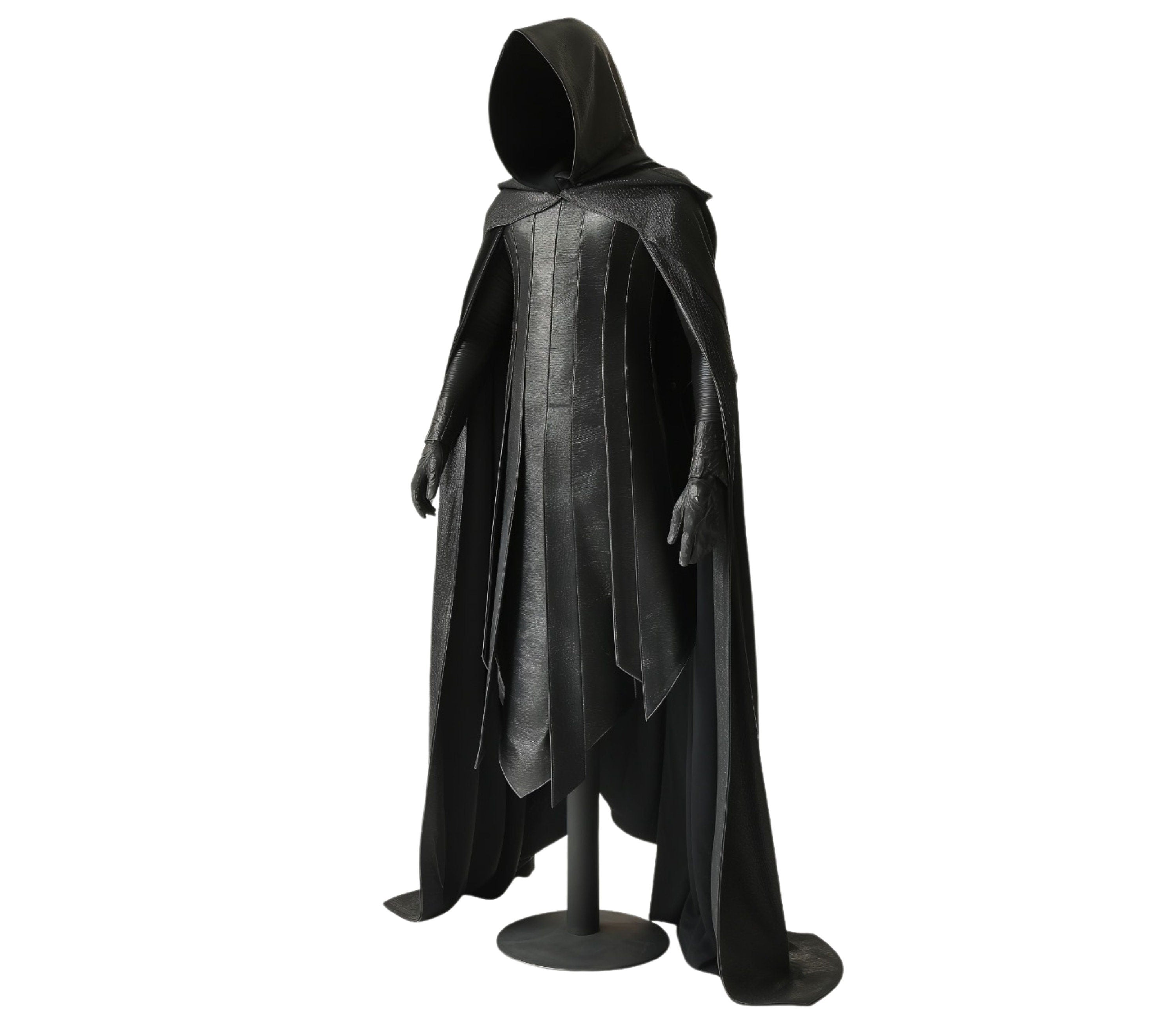 Front view of a black leather hooded cloak and vest cosplay set, styled as a medieval archer or assassin, ideal for fantasy or Halloween.