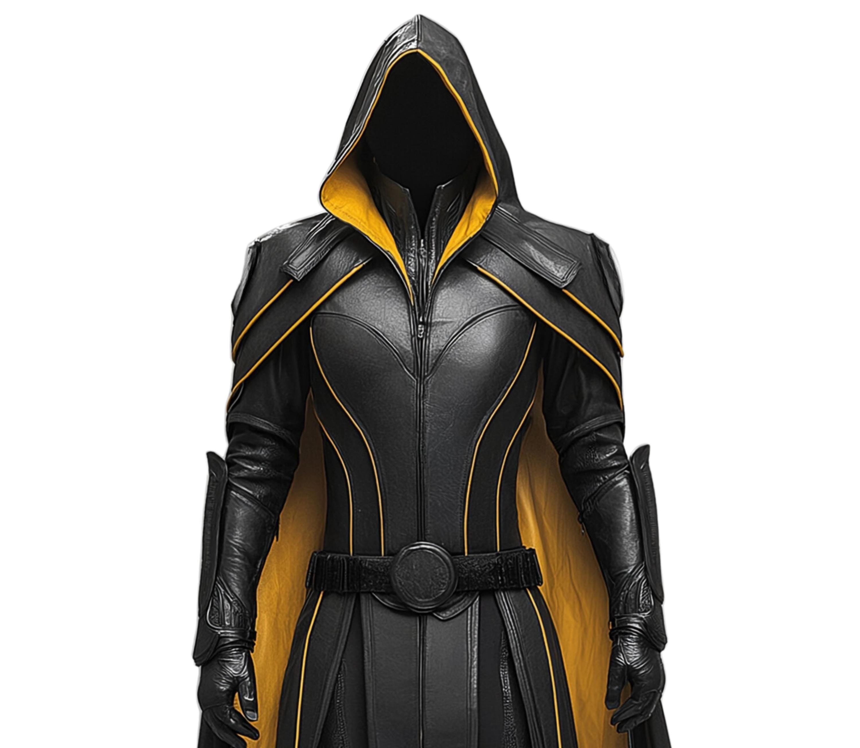 Close-up front view of black and gold hooded costume cloak with detailed leather, golden accents, and medieval assassin cosplay armor design. - Creed Leather