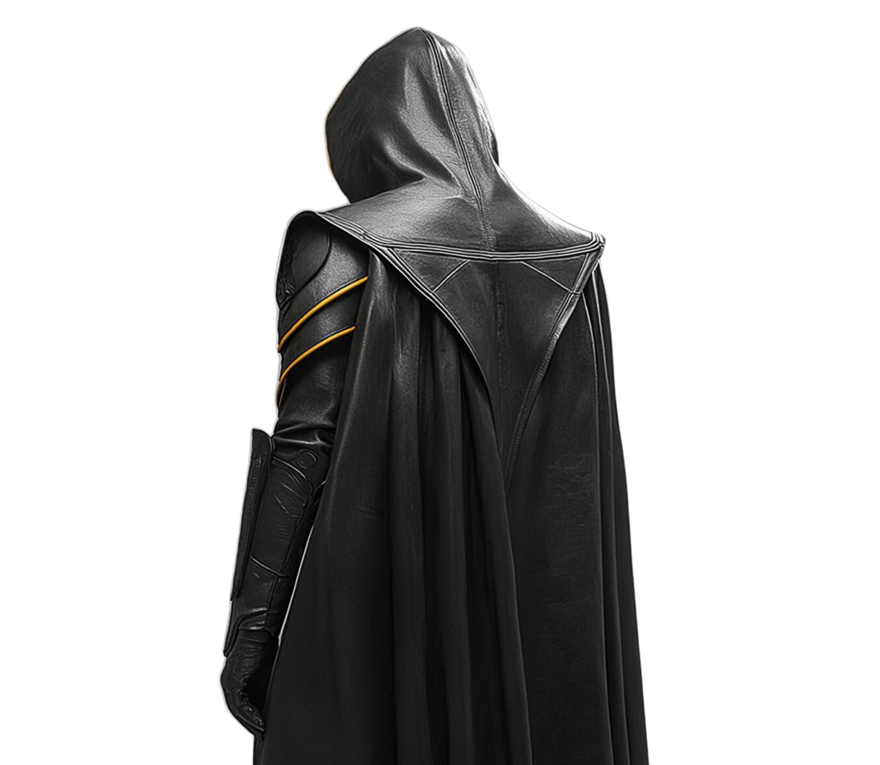 Close-up back view of black and gold hooded costume cloak showing detailed leather texture, golden accents, and medieval assassin cosplay design. - Creed Leather