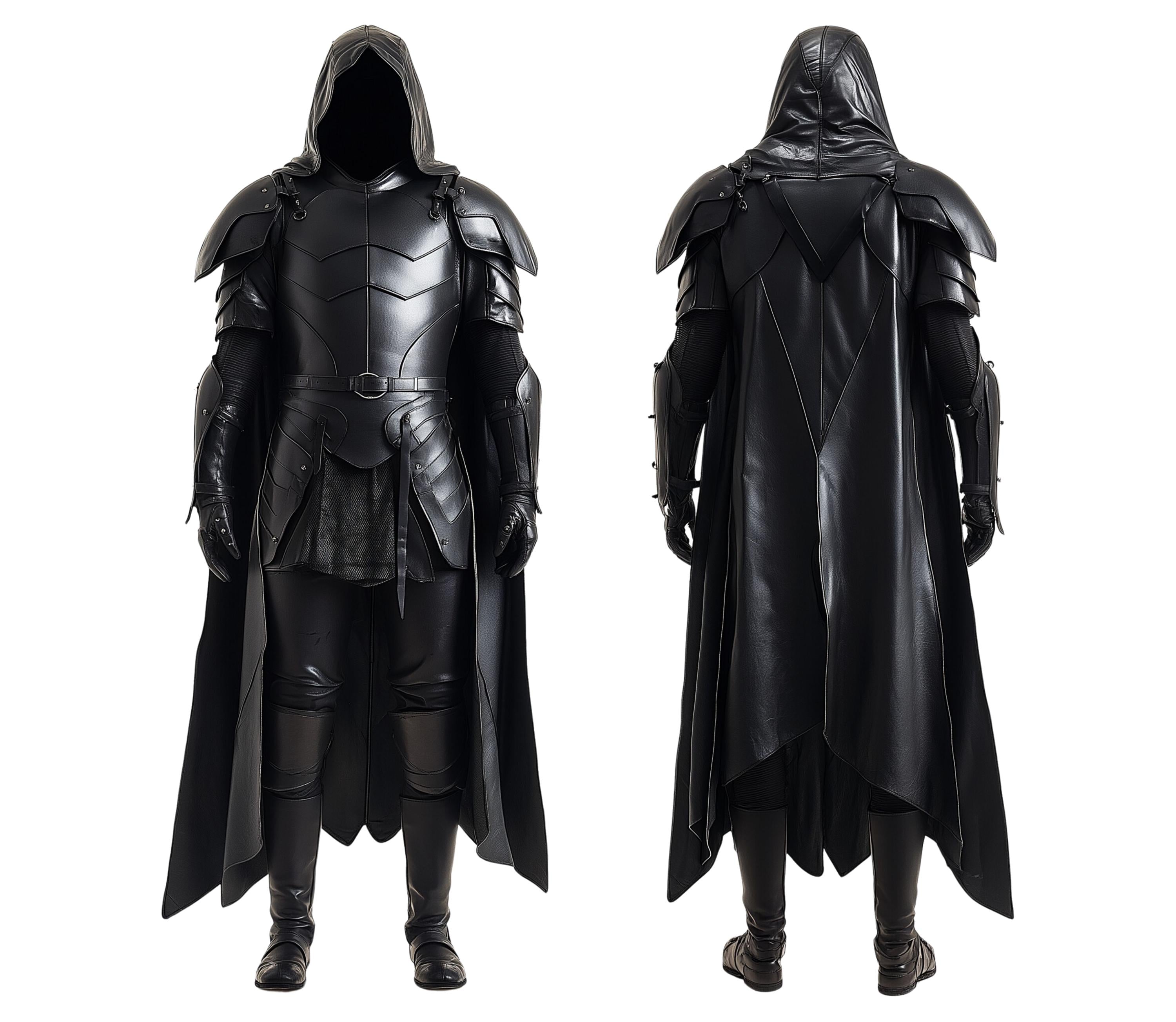 Front and back view of Black Phoenix black knight costume with medieval knight armor, full suit of armor, hooded cloak, lightweight armor, dark armor, and Samurai armor for cosplay and Halloween. - Creed Leather