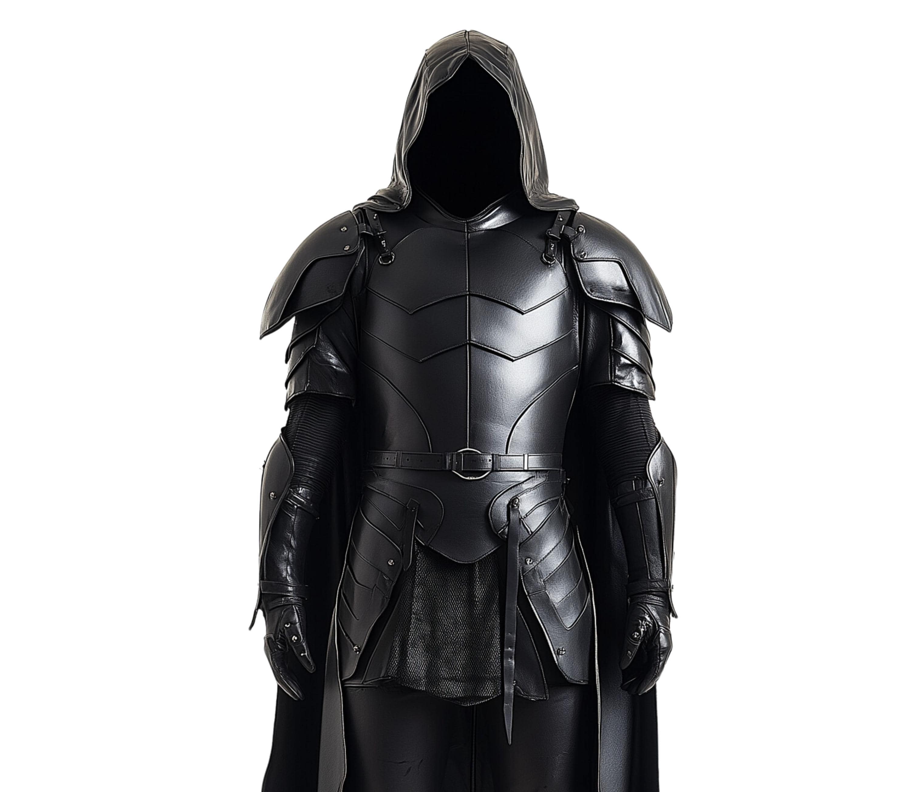 Close-up view of Black Phoenix black knight costume showing detailed medieval knight armor, hooded cloak, full suit of armor, lightweight armor, and dark armor craftsmanship for cosplay. - Creed Leather