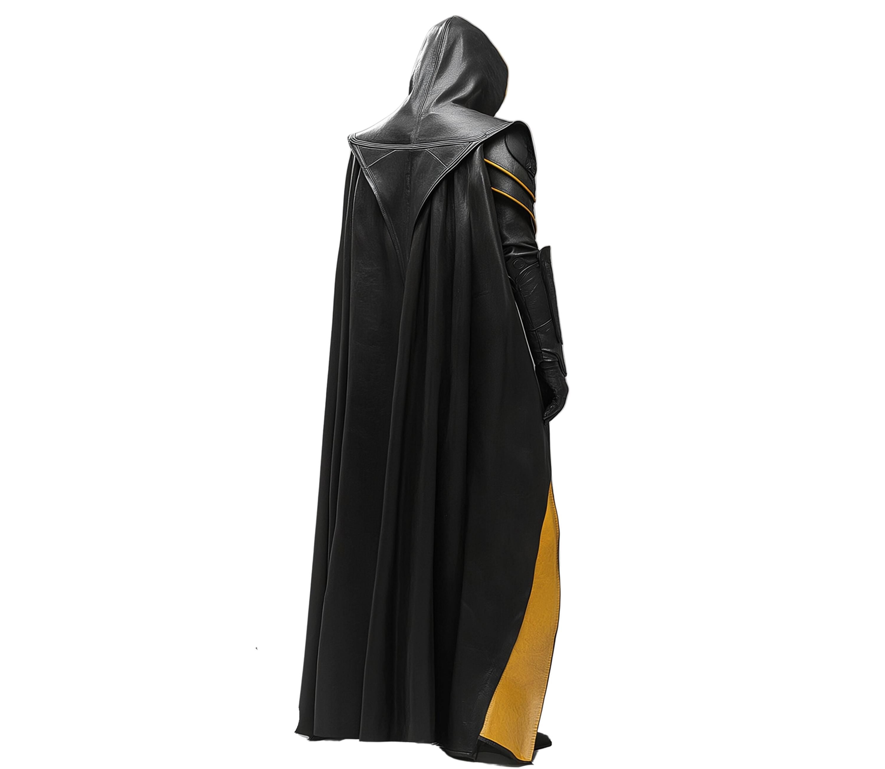 Back view of black and gold hooded costume cloak with long flowing design – medieval assassin cosplay suit resembling knight armor costume and dark fantasy outfit. - Creed Leather