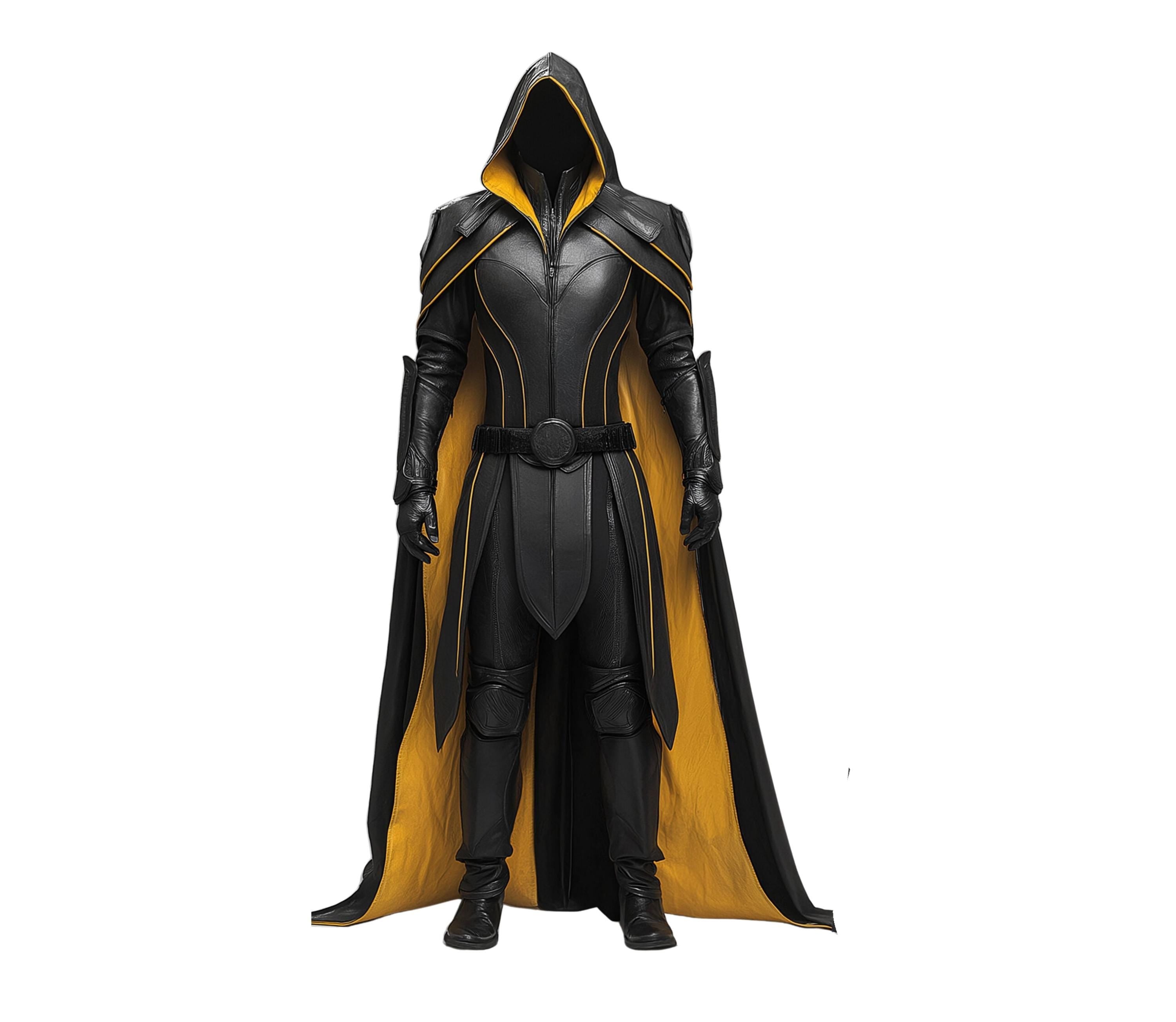 Black and gold hooded costume cloak with leather and golden accents – medieval assassin cosplay suit inspired by knight armor costume, fantasy outfits, and assassin’s creed costume. - Creed Leather