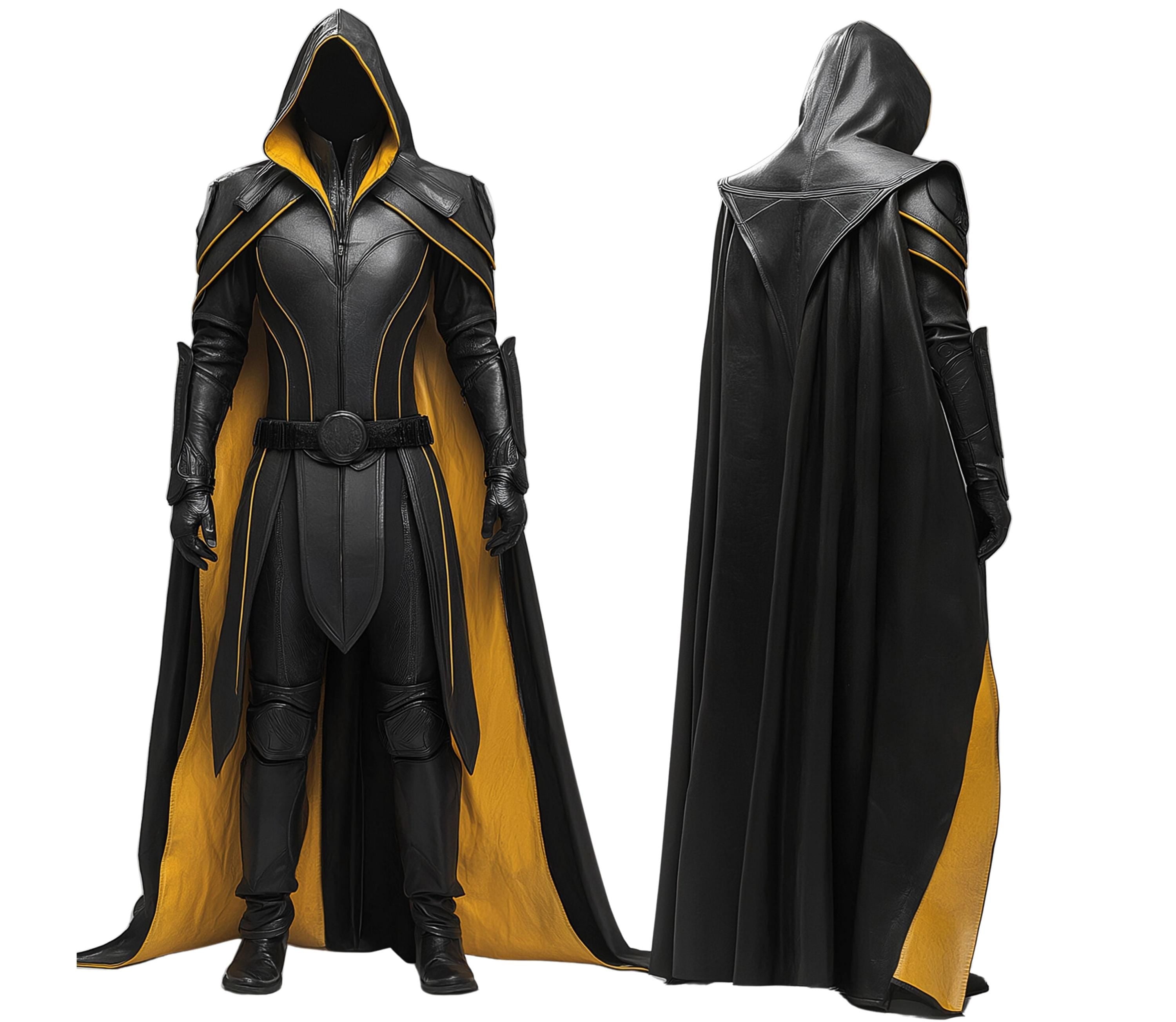 Front and back view of black and gold hooded costume cloak with leather details and golden accents – medieval assassin cosplay suit styled as knight armor costume, ultimate warrior costume, and dark fantasy outfit. - Creed Leather