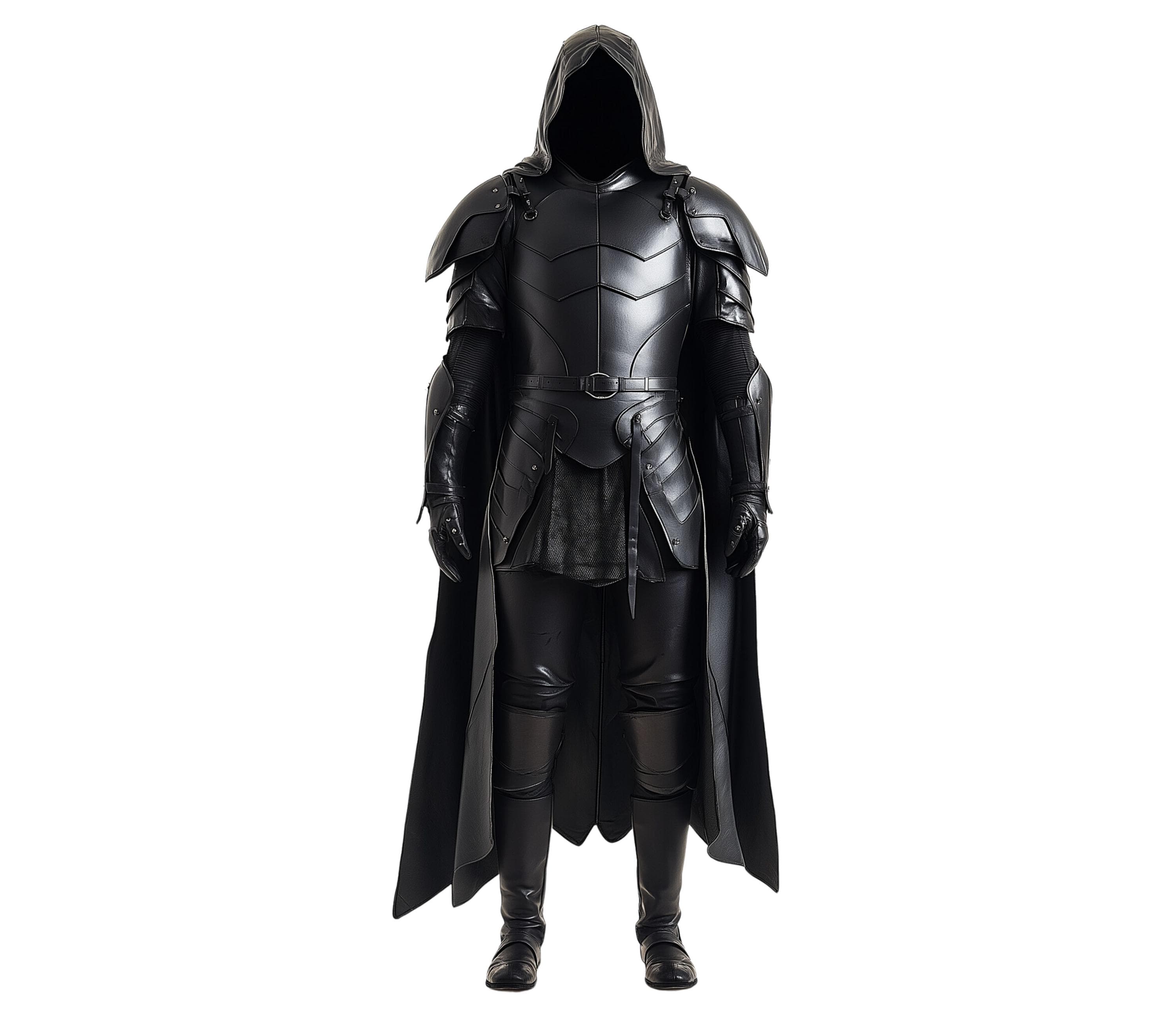 Black Phoenix black knight costume with medieval knight armor, full suit of armor, hooded cloak, lightweight armor, dark armor, and Samurai armor for cosplay and Halloween.