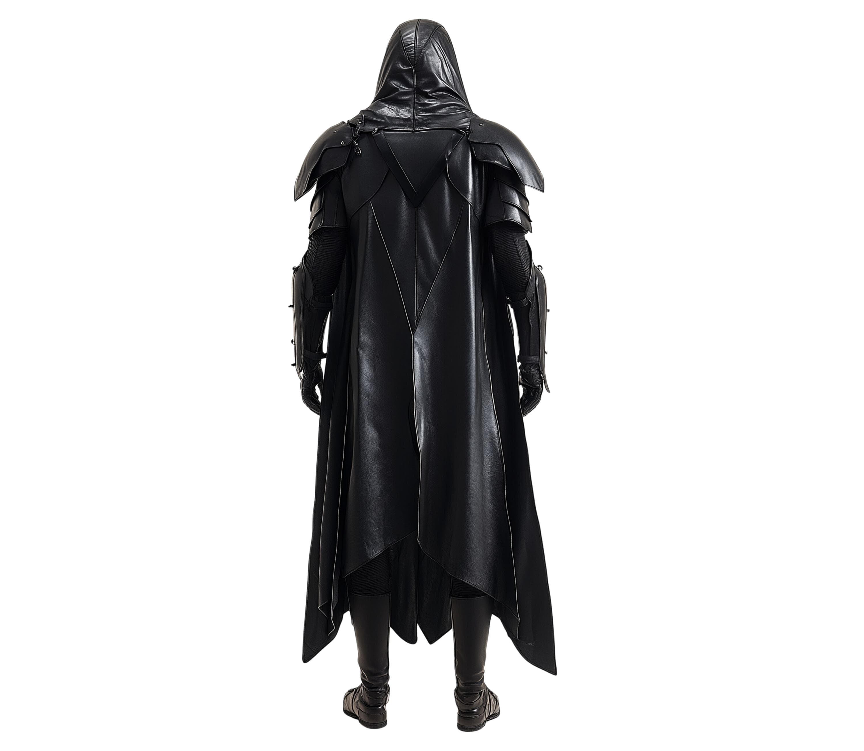 Back view of Black Phoenix black knight costume showing hooded cloak, medieval knight armor, full suit of armor, lightweight armor, and dark armor for cosplay and Halloween. - Creed Leather