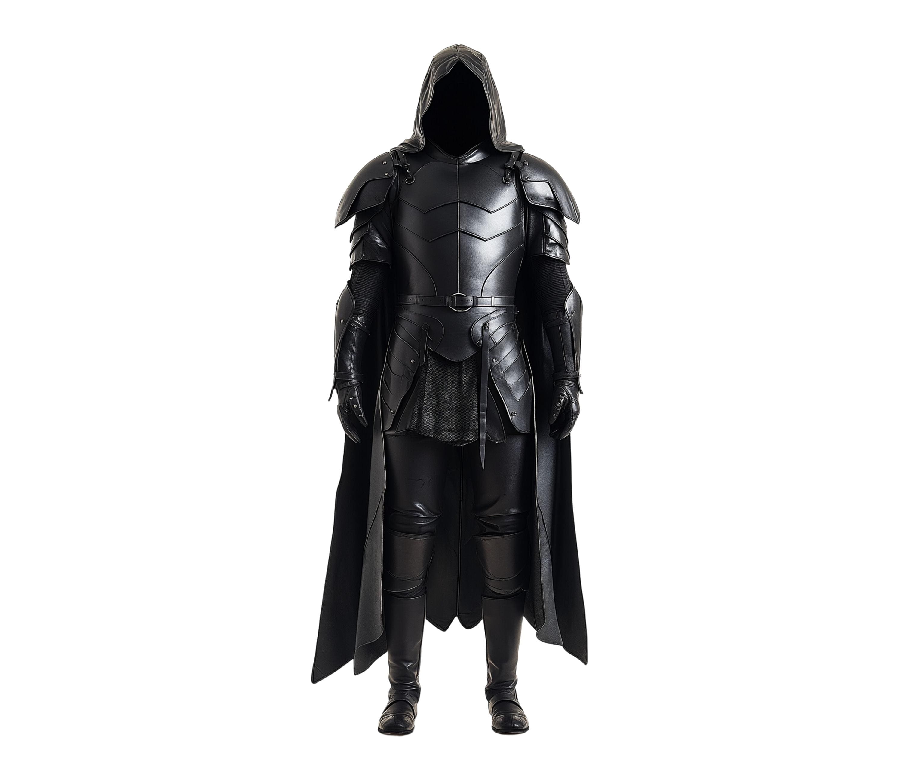 Black Phoenix Black knight costume with medieval knight armor, full suit of armor, hooded cloak, lightweight armor, dark armor and Samurai armor for cosplay and Halloween. - Creed Leather