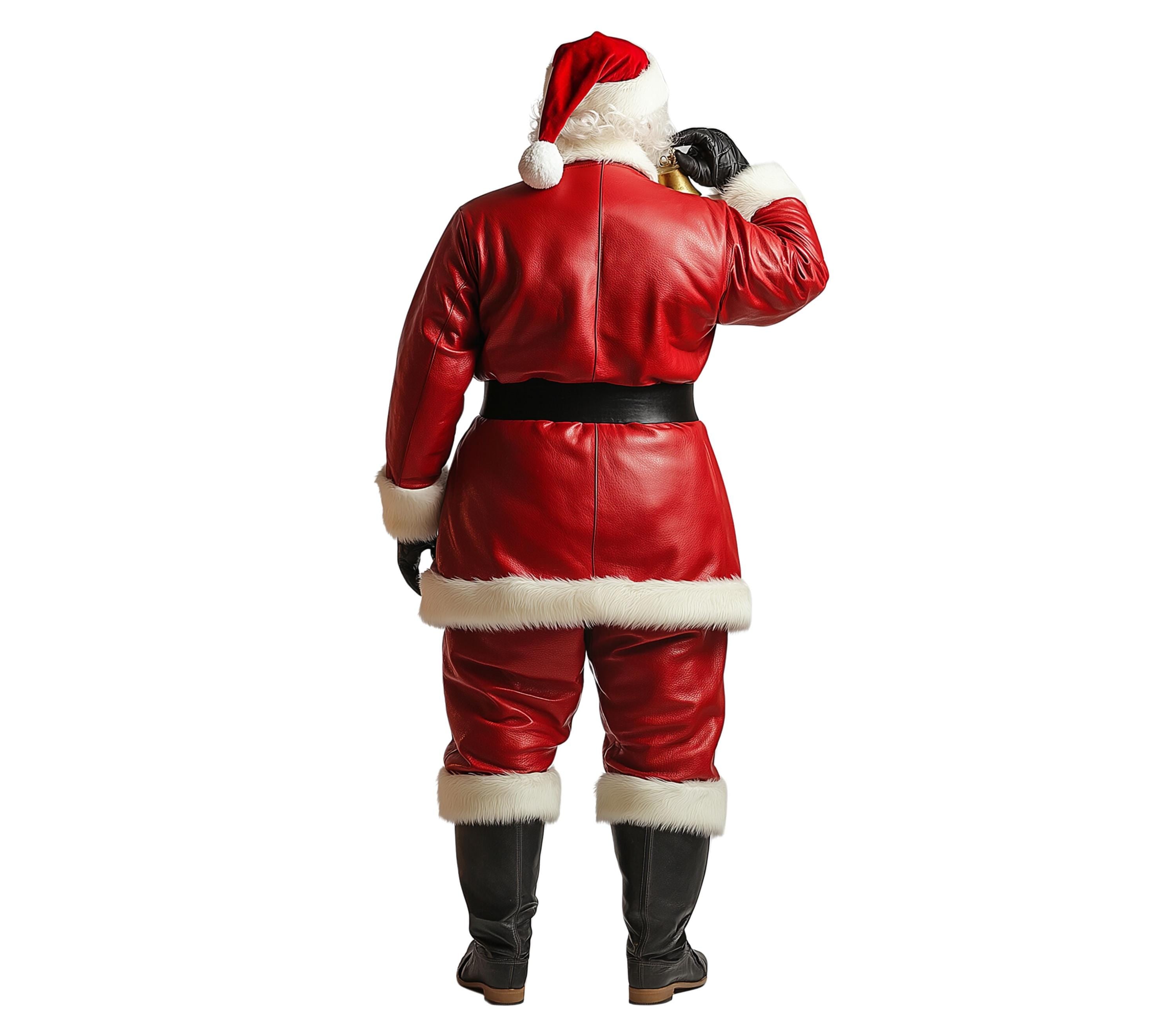 Back view of handmade red leather Santa Claus costume coat with white fur trim – festive Santa suit for cosplay and holiday events. - Creed Leather