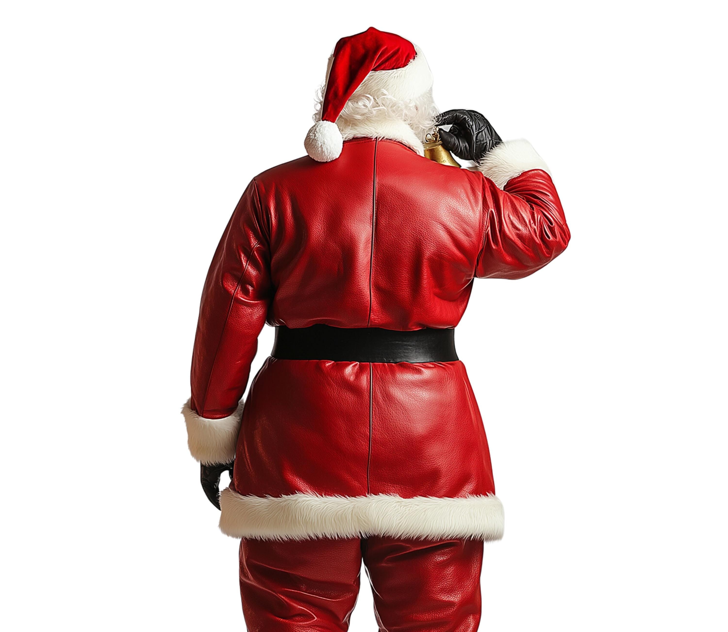 Close-up back view of handmade red leather Santa Claus costume coat with white fur trim – festive Christmas and Halloween Santa suit. - Creed Leather