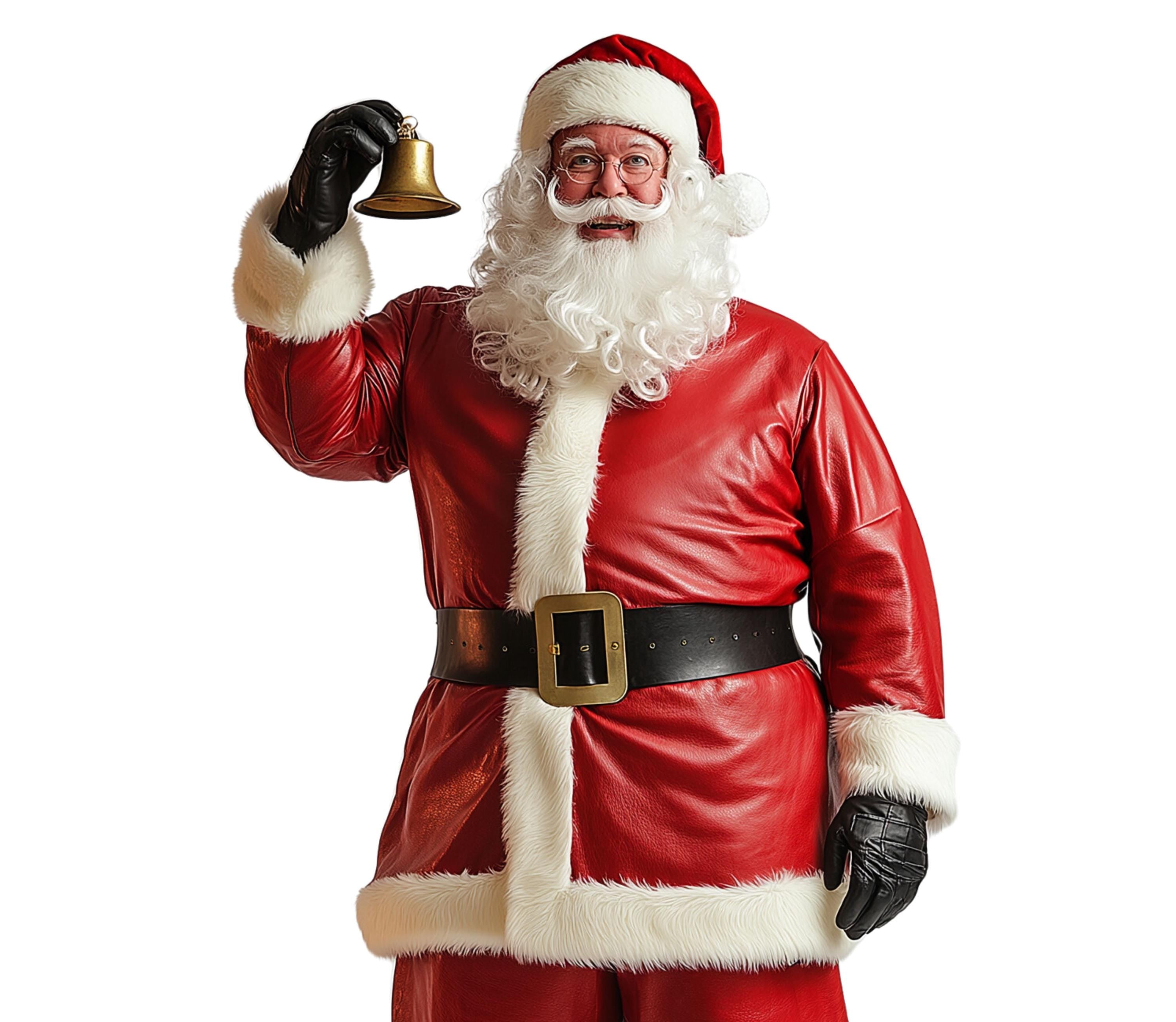 "Close-up of red leather Santa Claus costume coat with soft white fur trim – premium Christmas Santa suit material detail. - Creed Leather